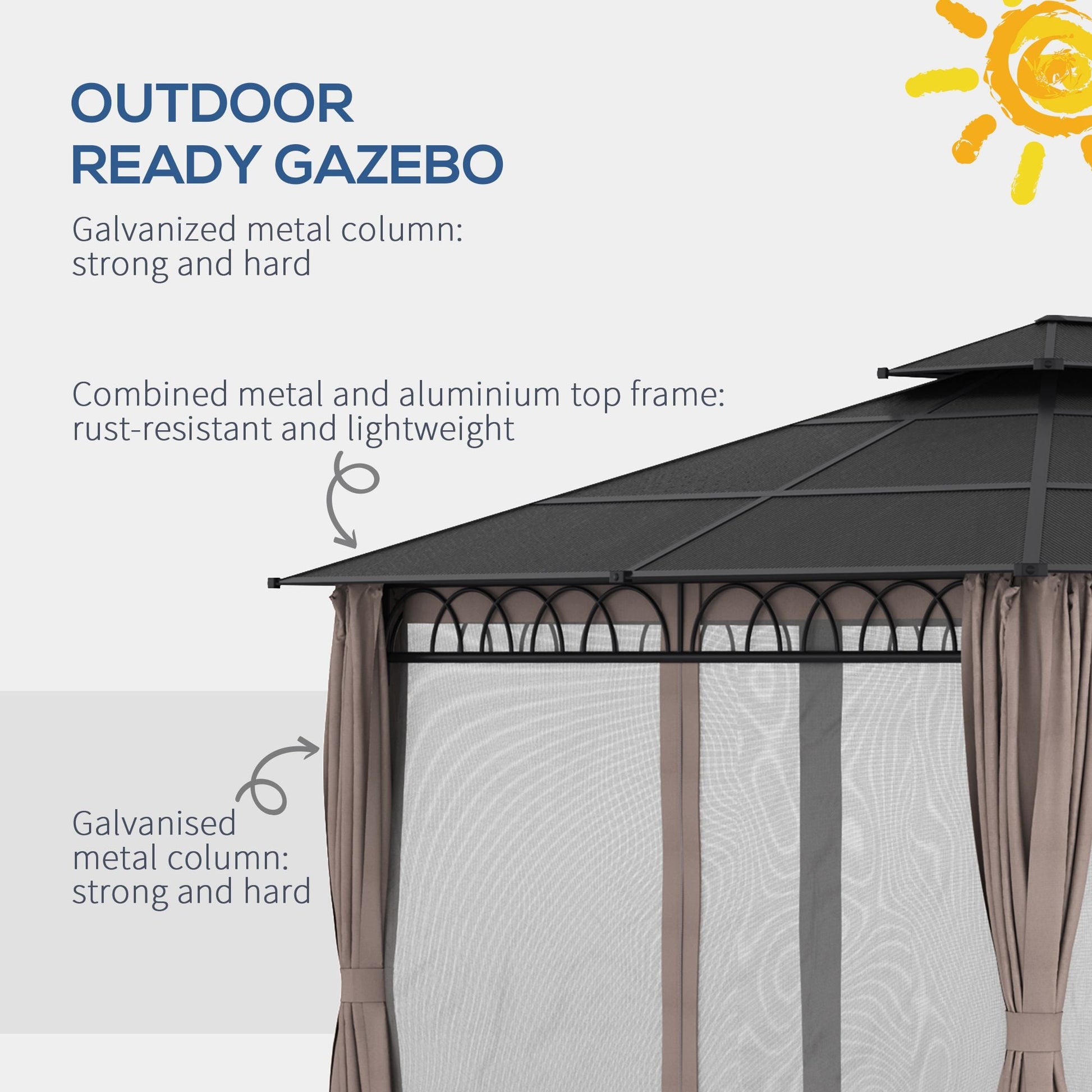 10' x 12' Outdoor Gazebo Canopy, Double Roof Hardtop Gazebo with Polycarbonate Roof, Steel Frame, Nettings and Curtains, for Garden, Lawn, Backyard and Deck, Khaki