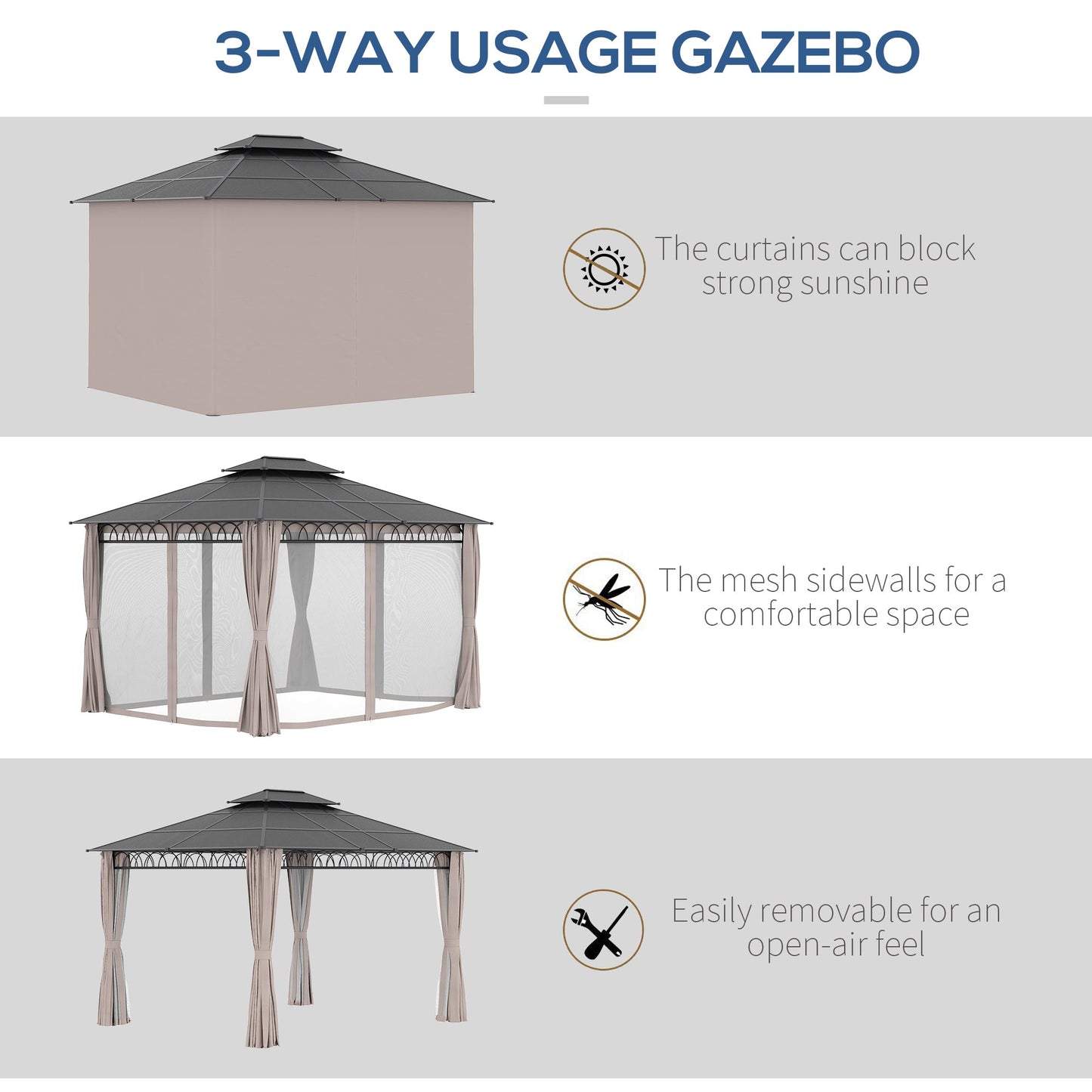 10' x 12' Outdoor Gazebo Canopy, Double Roof Hardtop Gazebo with Polycarbonate Roof, Steel Frame, Nettings and Curtains, for Garden, Lawn, Backyard and Deck, Khaki