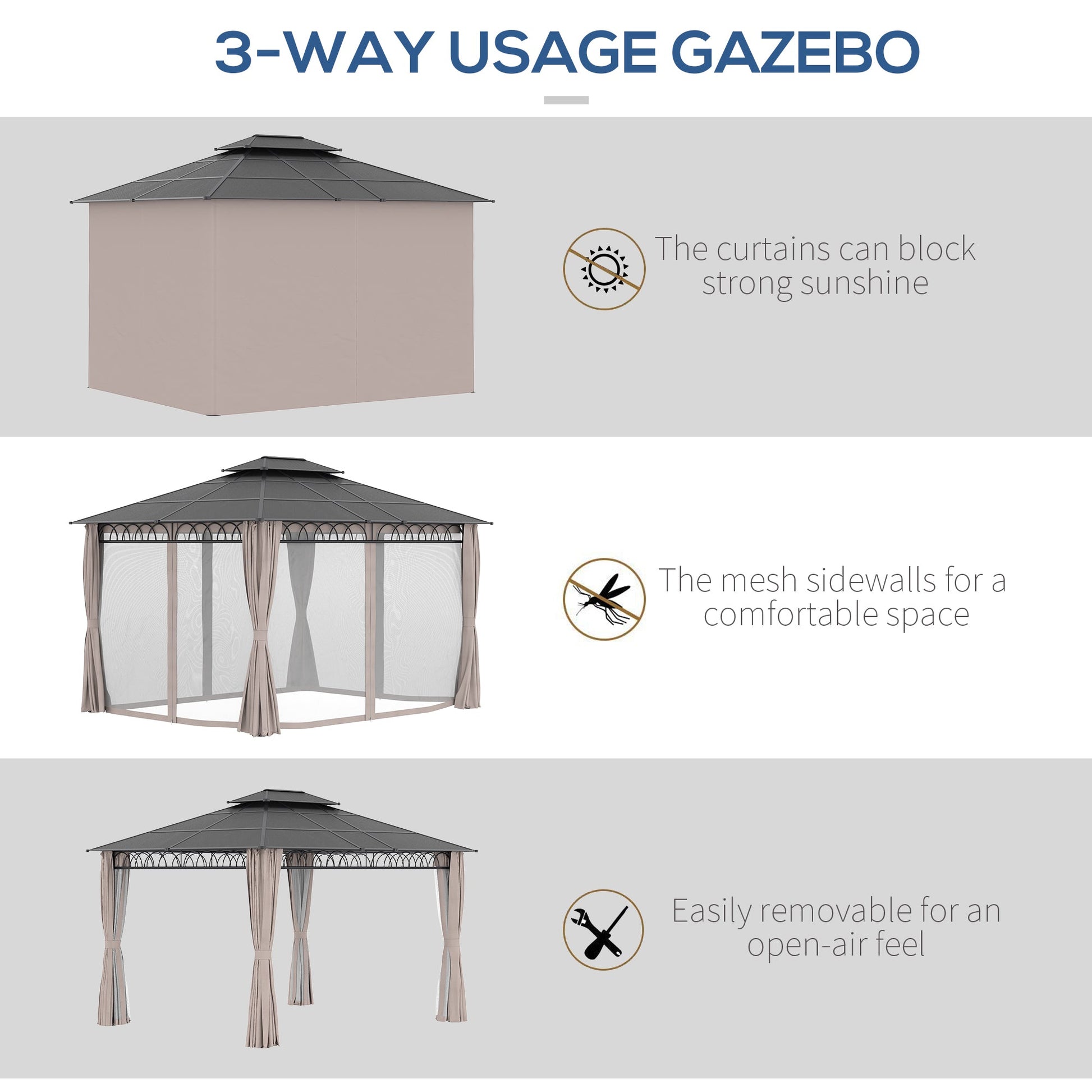 10' x 12' Outdoor Gazebo Canopy, Double Roof Hardtop Gazebo with Polycarbonate Roof, Steel Frame, Nettings and Curtains, for Garden, Lawn, Backyard and Deck, Khaki