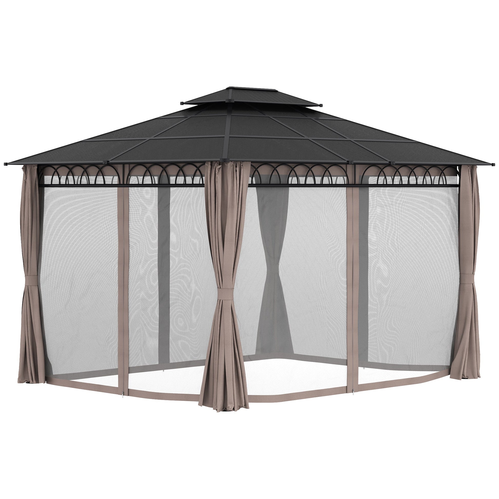 10' x 12' Outdoor Gazebo Canopy, Double Roof Hardtop Gazebo with Polycarbonate Roof, Steel Frame, Nettings and Curtains, for Garden, Lawn, Backyard and Deck, Khaki