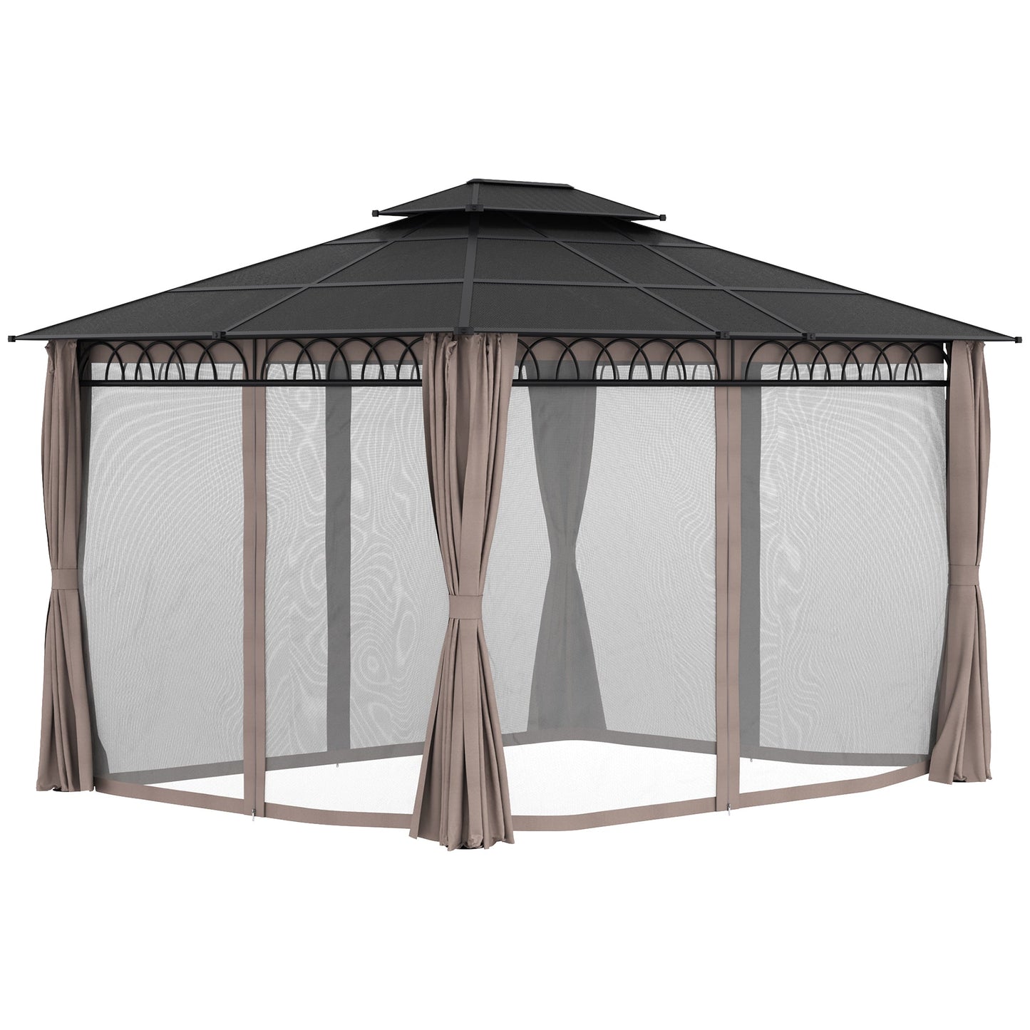 10' x 12' Outdoor Gazebo Canopy, Double Roof Hardtop Gazebo with Polycarbonate Roof, Steel Frame, Nettings and Curtains, for Garden, Lawn, Backyard and Deck, Khaki