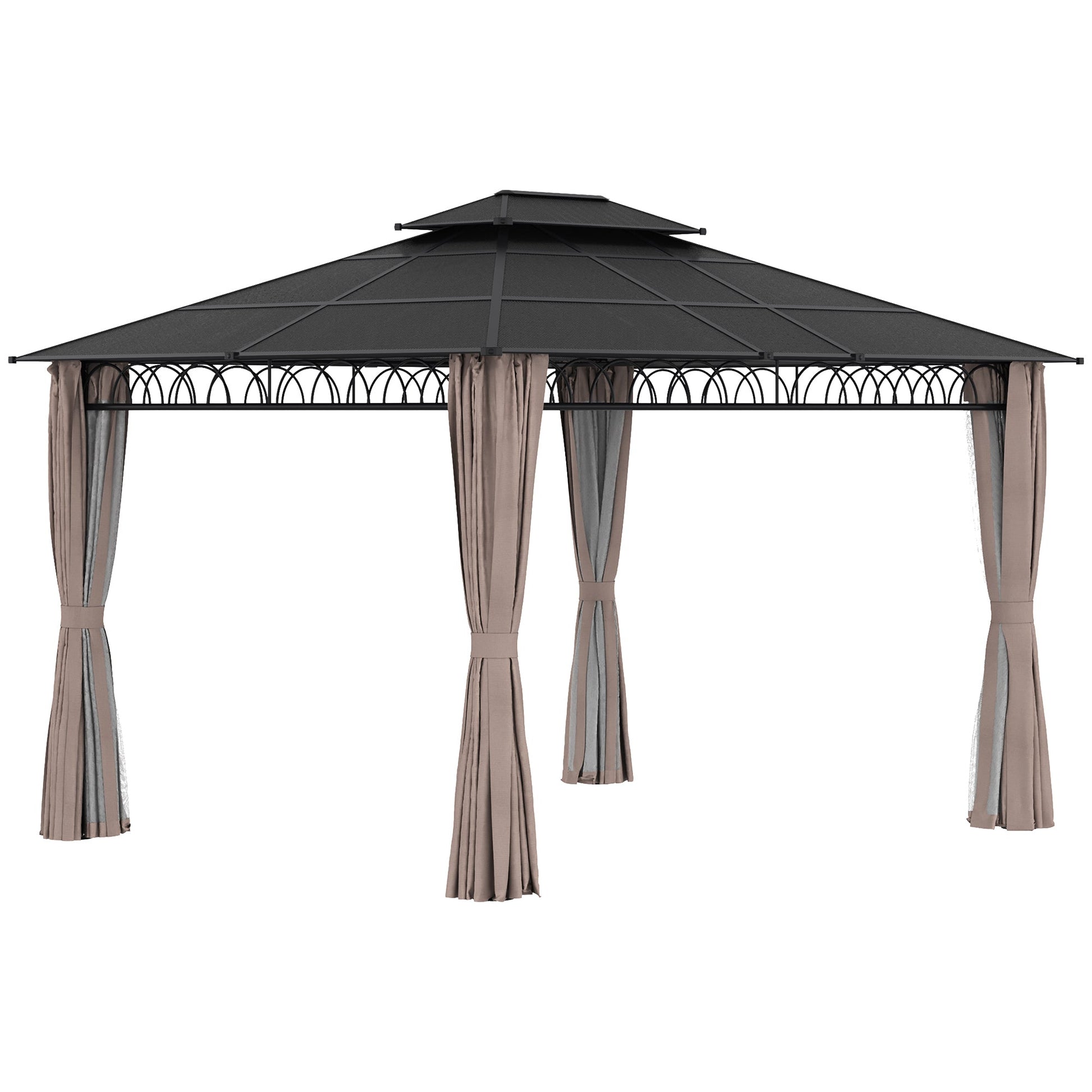10' x 12' Outdoor Gazebo Canopy, Double Roof Hardtop Gazebo with Polycarbonate Roof, Steel Frame, Nettings and Curtains, for Garden, Lawn, Backyard and Deck, Khaki