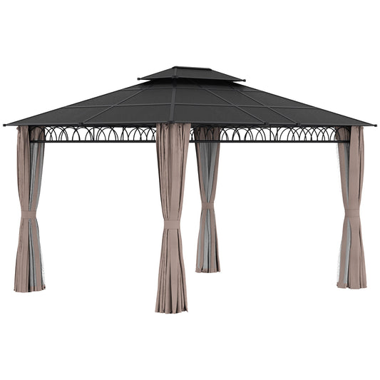 10' x 12' Outdoor Gazebo Canopy, Double Roof Hardtop Gazebo with Polycarbonate Roof, Steel Frame, Nettings and Curtains, for Garden, Lawn, Backyard and Deck, Khaki