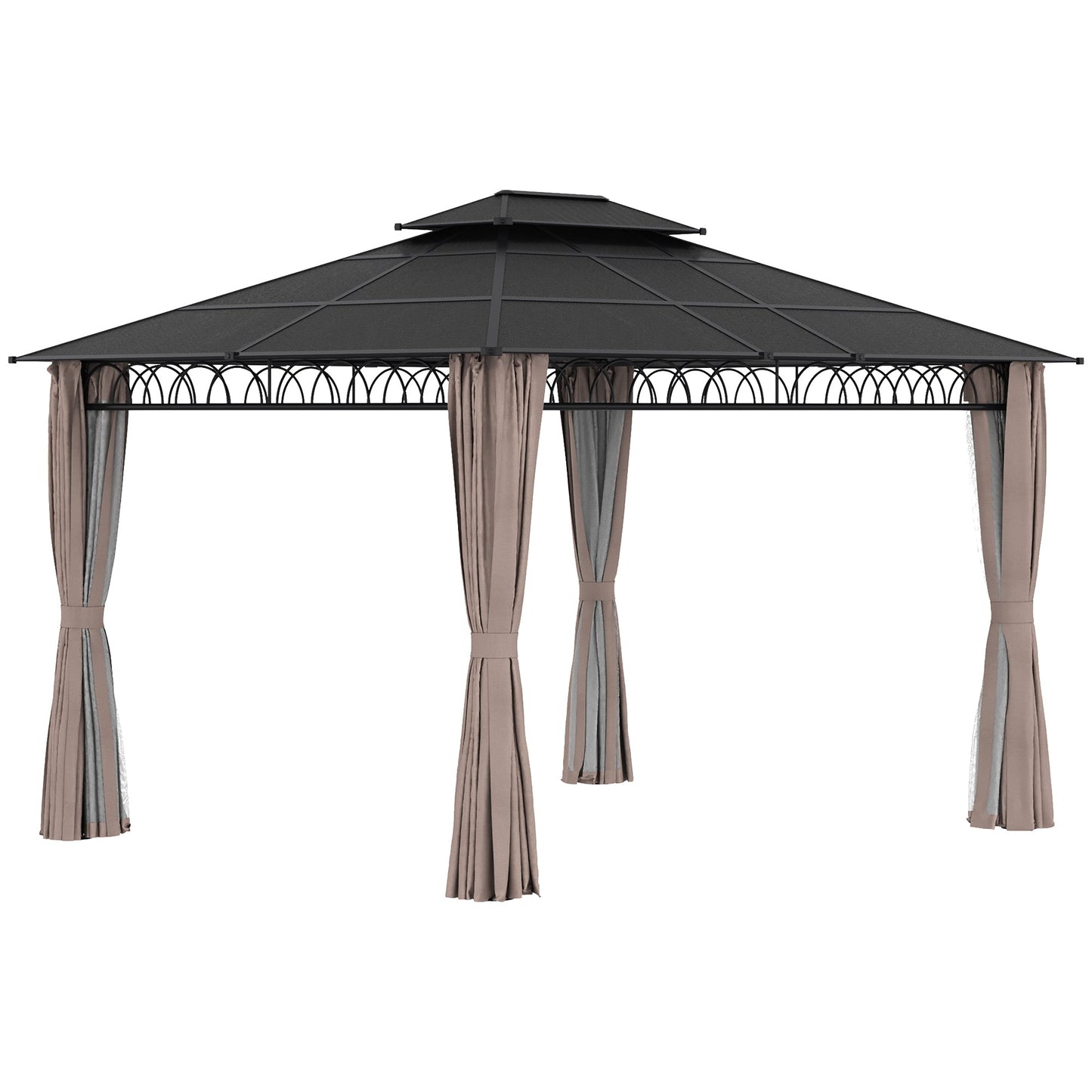 10' x 12' Outdoor Gazebo Canopy, Double Roof Hardtop Gazebo with Polycarbonate Roof, Steel Frame, Nettings and Curtains, for Garden, Lawn, Backyard and Deck, Khaki