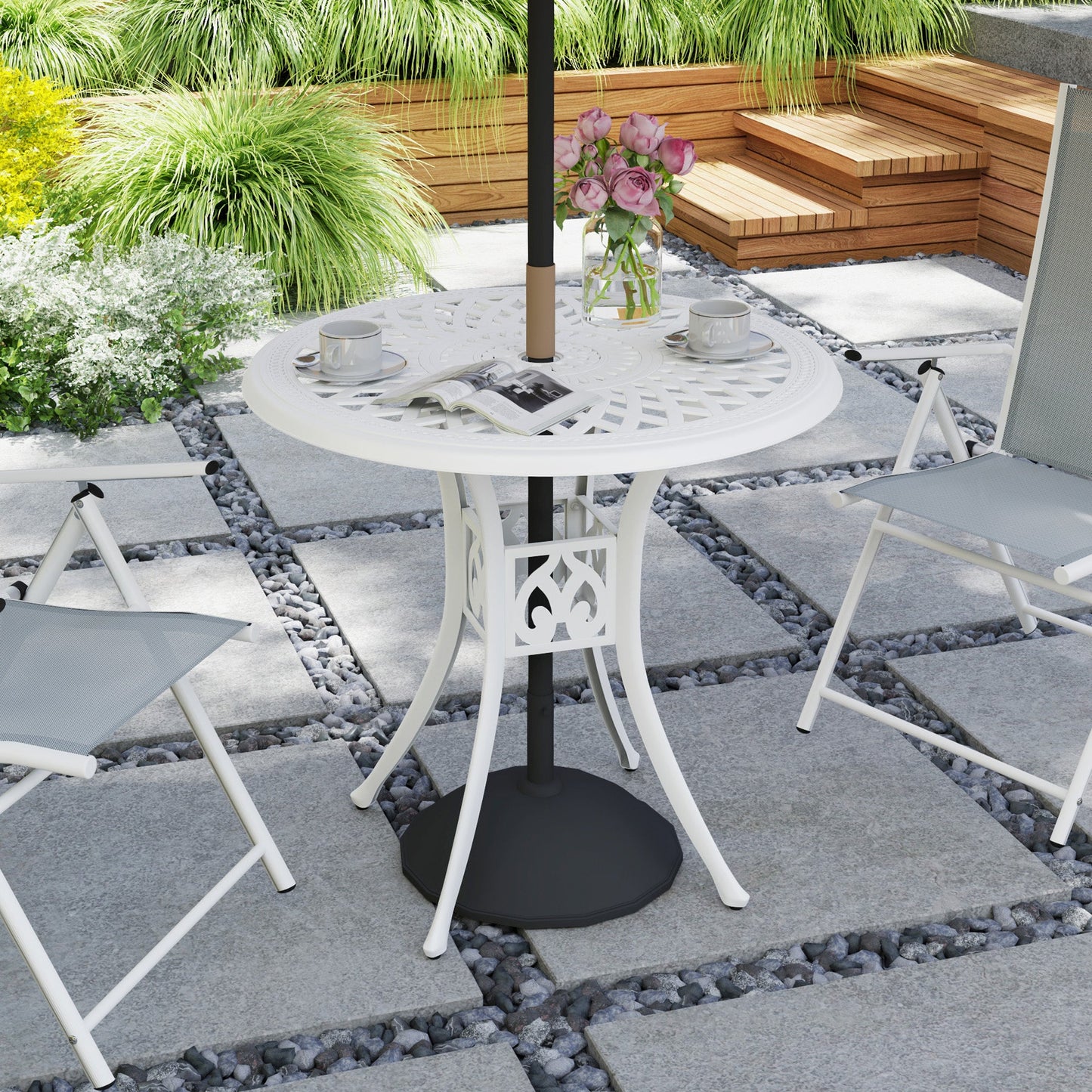 30-inch Round Patio Dining Table with Umbrella Hole Cast Aluminium Outdoor Bistro Table Only, White