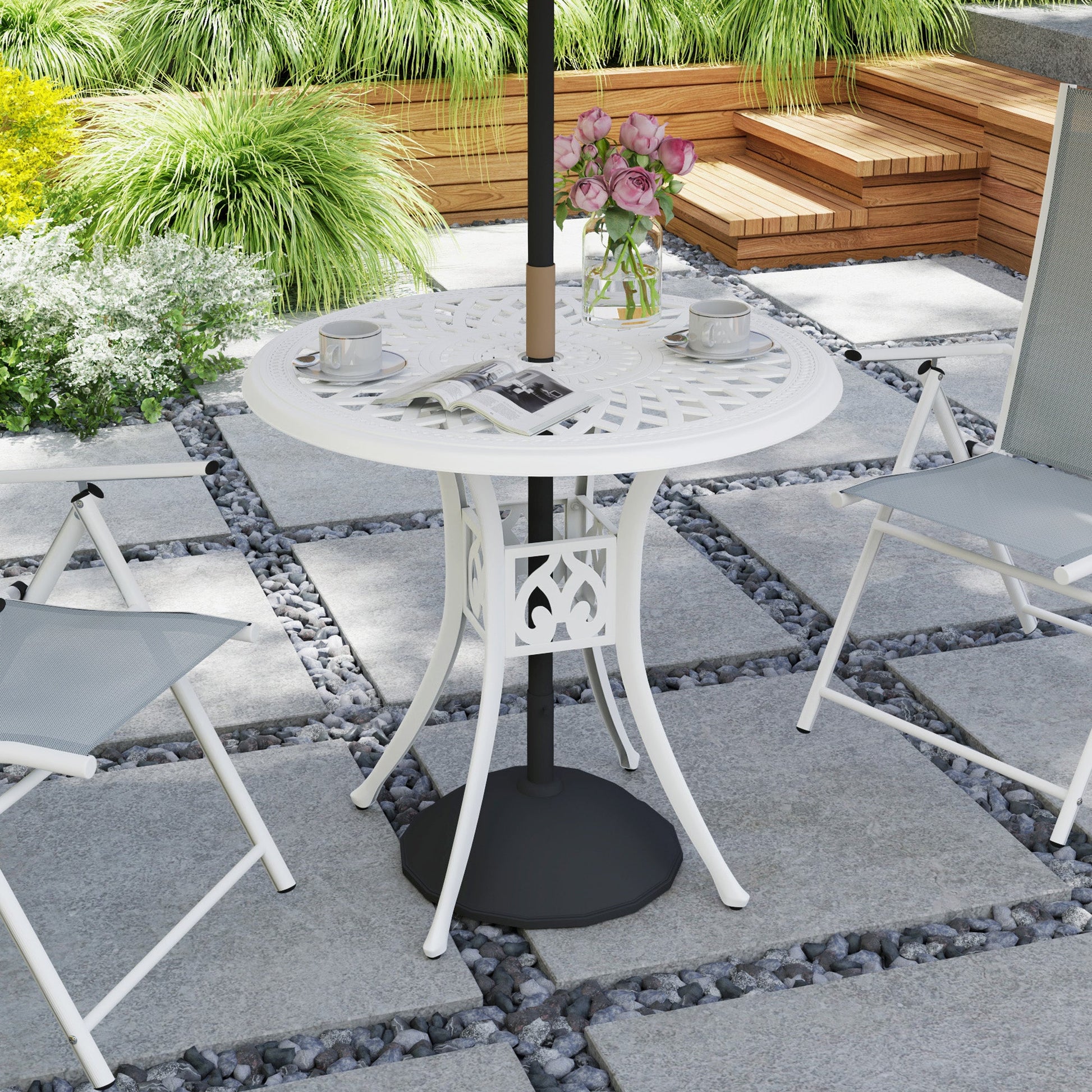 30-inch Round Patio Dining Table with Umbrella Hole Cast Aluminium Outdoor Bistro Table Only, White