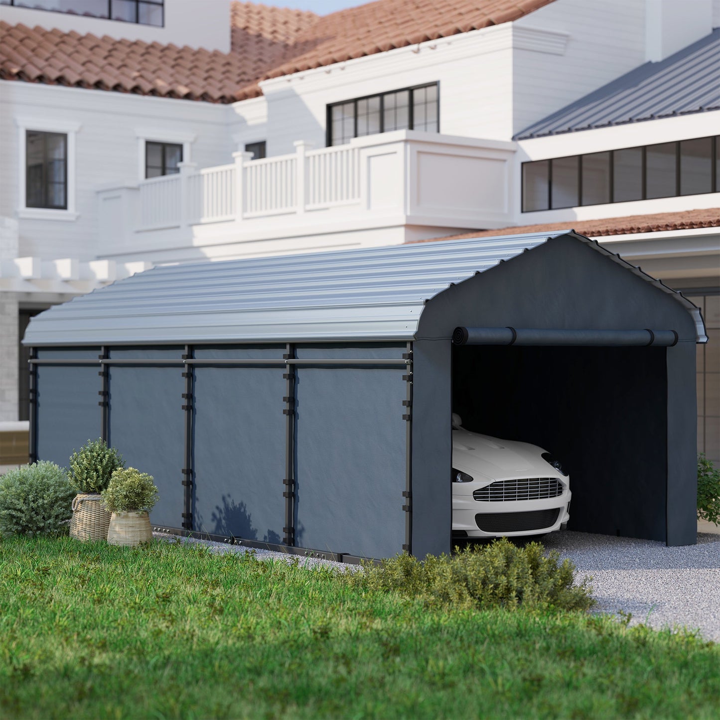 12' x 20' x 8.5' Heavy Duty Metal Carport, Waterproof Car Shelter Garage Canopy with Galvanized Metal Roof and Removable Sidewalls for Cars, Boats, Trucks and Tractors