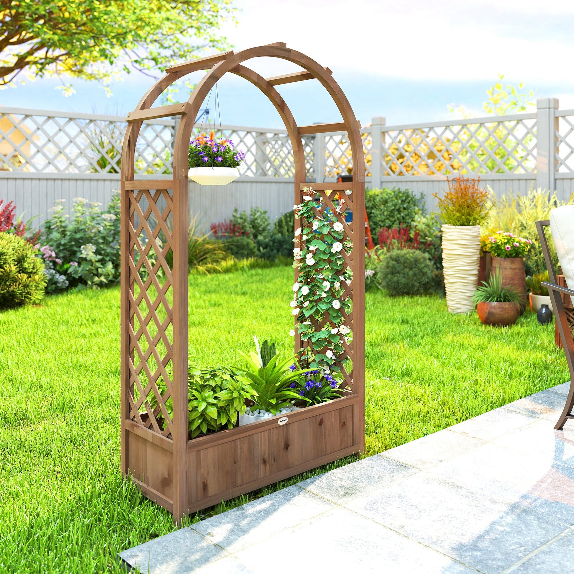 Raised Garden Bed with Arch Trellis, 59.8" Freestanding Garden Planter Box, Outdoor Planter Container for Vine Climbing Plant Flower Herb, Dark Brown Wood Effect