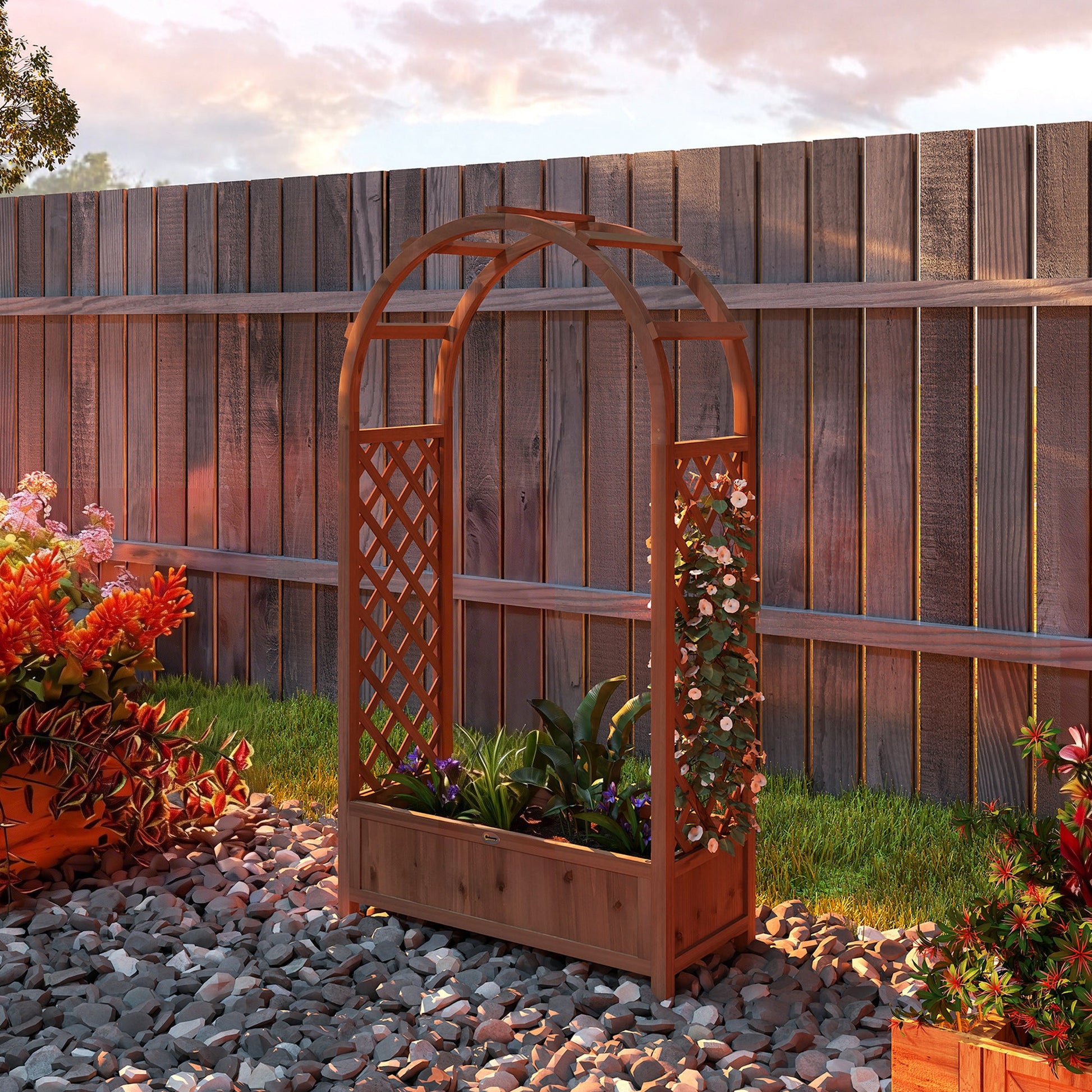 Raised Garden Bed with Arch Trellis, 59.8" Freestanding Garden Planter Box, Outdoor Planter Container for Vine Climbing Plant Flower Herb, Dark Brown Wood Effect