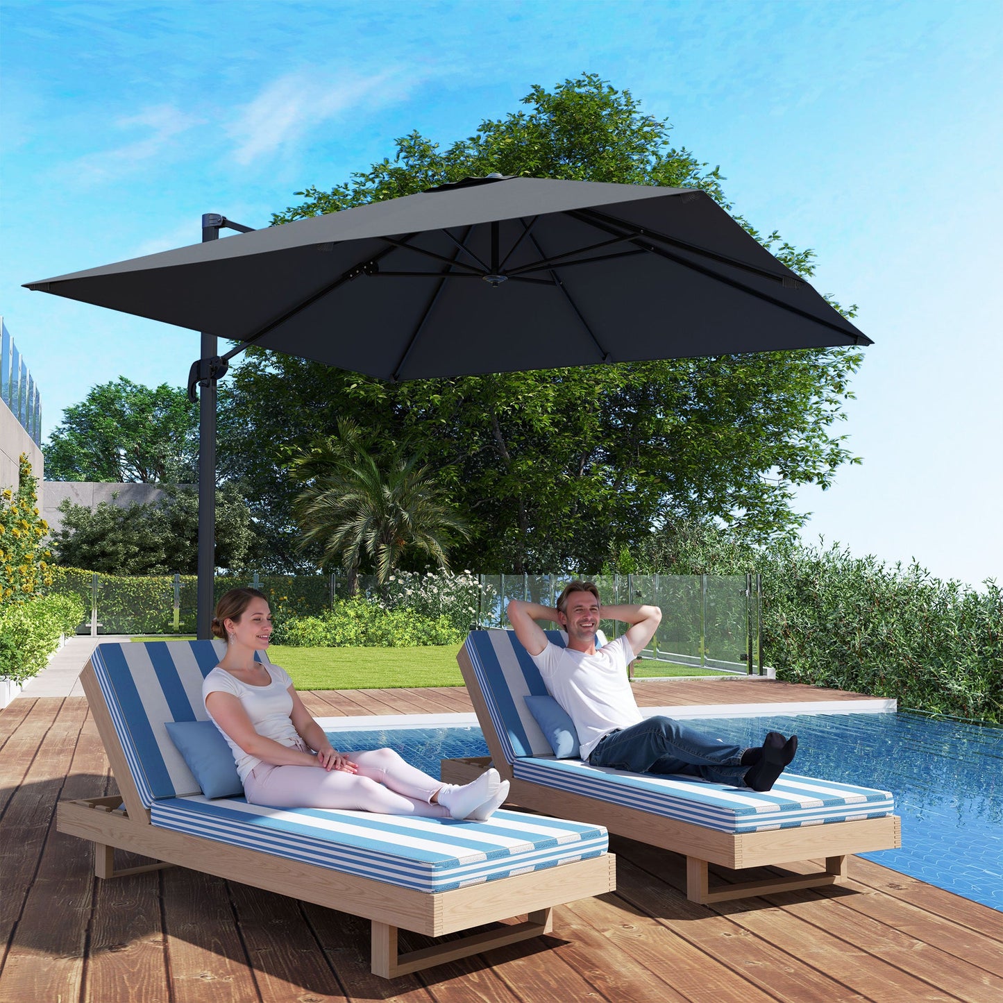 8 FT Cantilever Patio Umbrella, UPF50+ Outdoor Square Aluminium Offset Umbrella with 360° Rotation, Cross Base, Crank and Tilt for Garden, Patio, Deck and Pool, Dark Grey