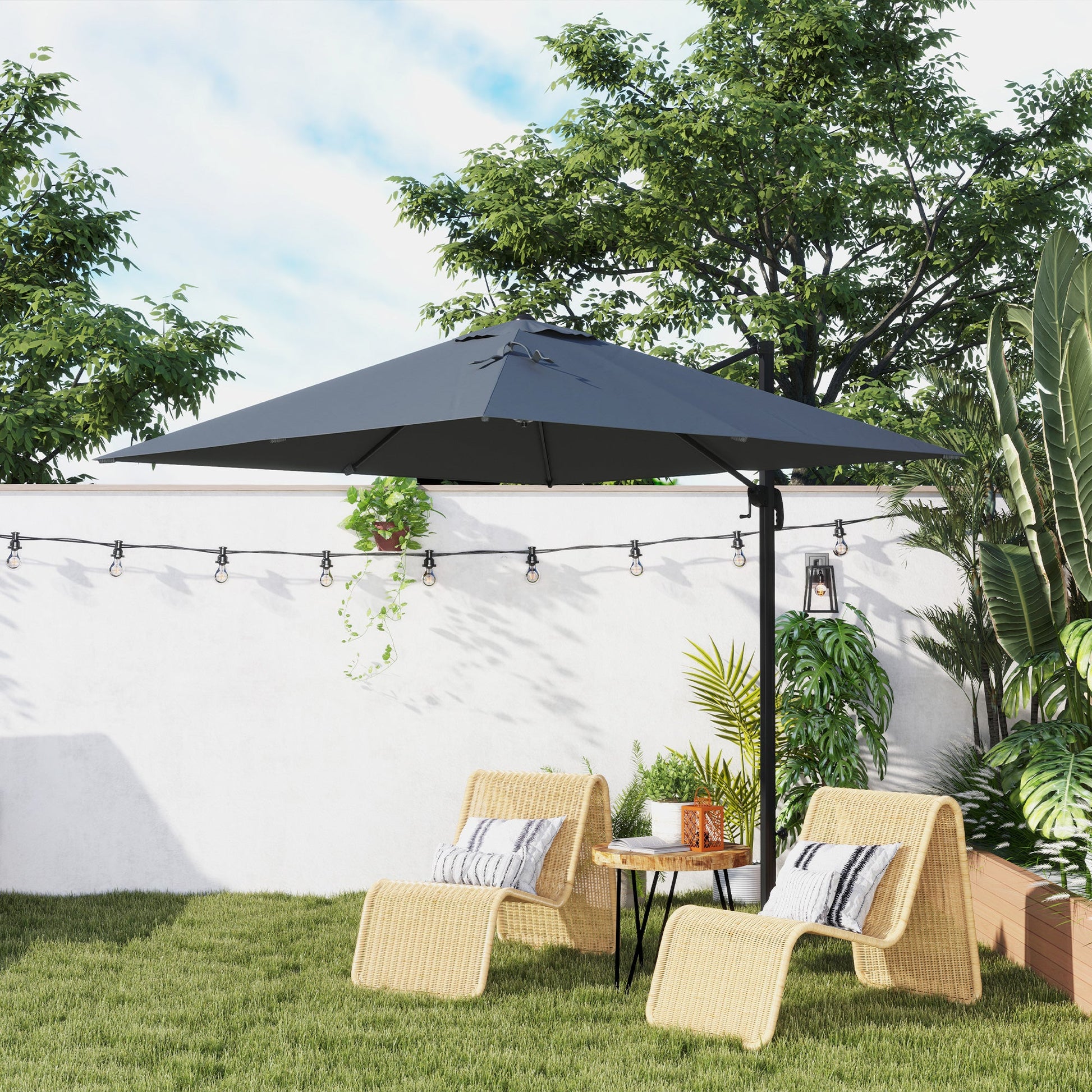 8 FT Cantilever Patio Umbrella, UPF50+ Outdoor Square Aluminium Offset Umbrella with 360° Rotation, Cross Base, Crank and Tilt for Garden, Patio, Deck and Pool, Dark Grey