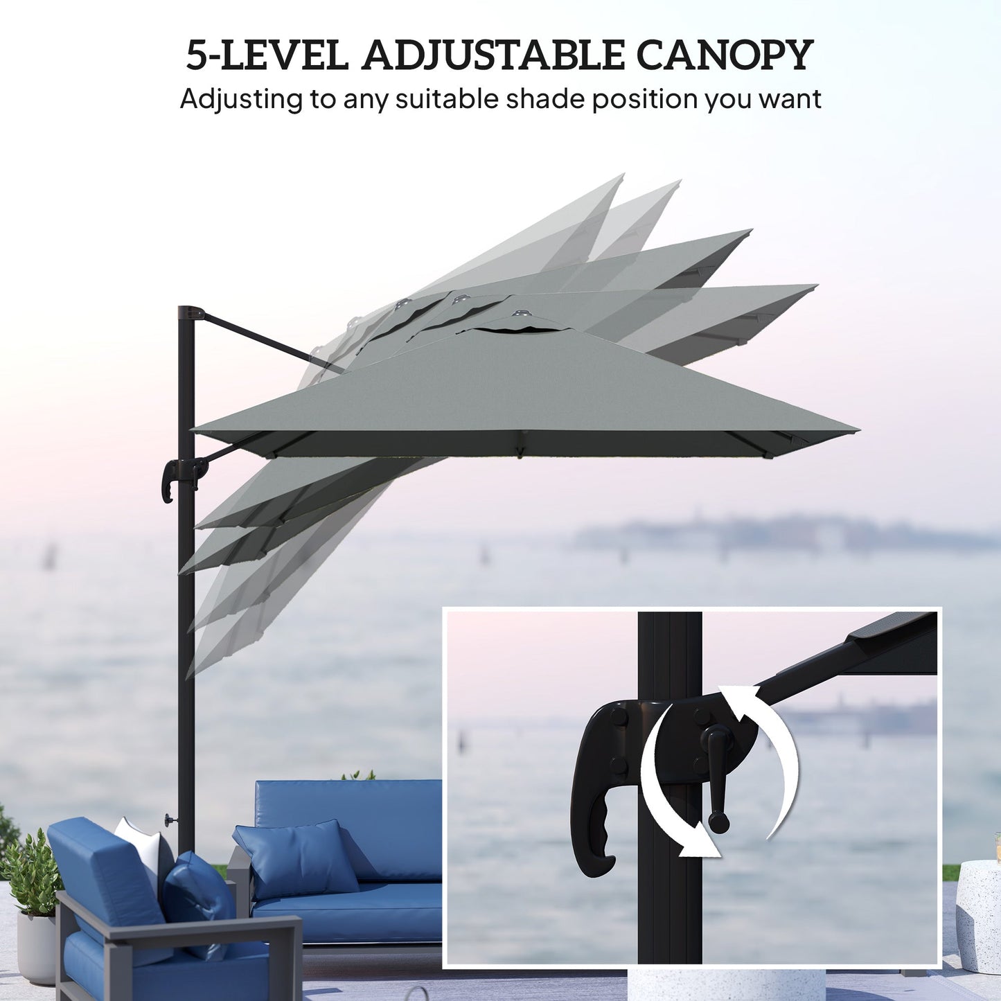 8 FT Cantilever Patio Umbrella, UPF50+ Outdoor Square Aluminium Offset Umbrella with 360° Rotation, Cross Base, Crank and Tilt for Garden, Patio, Deck and Pool, Dark Grey