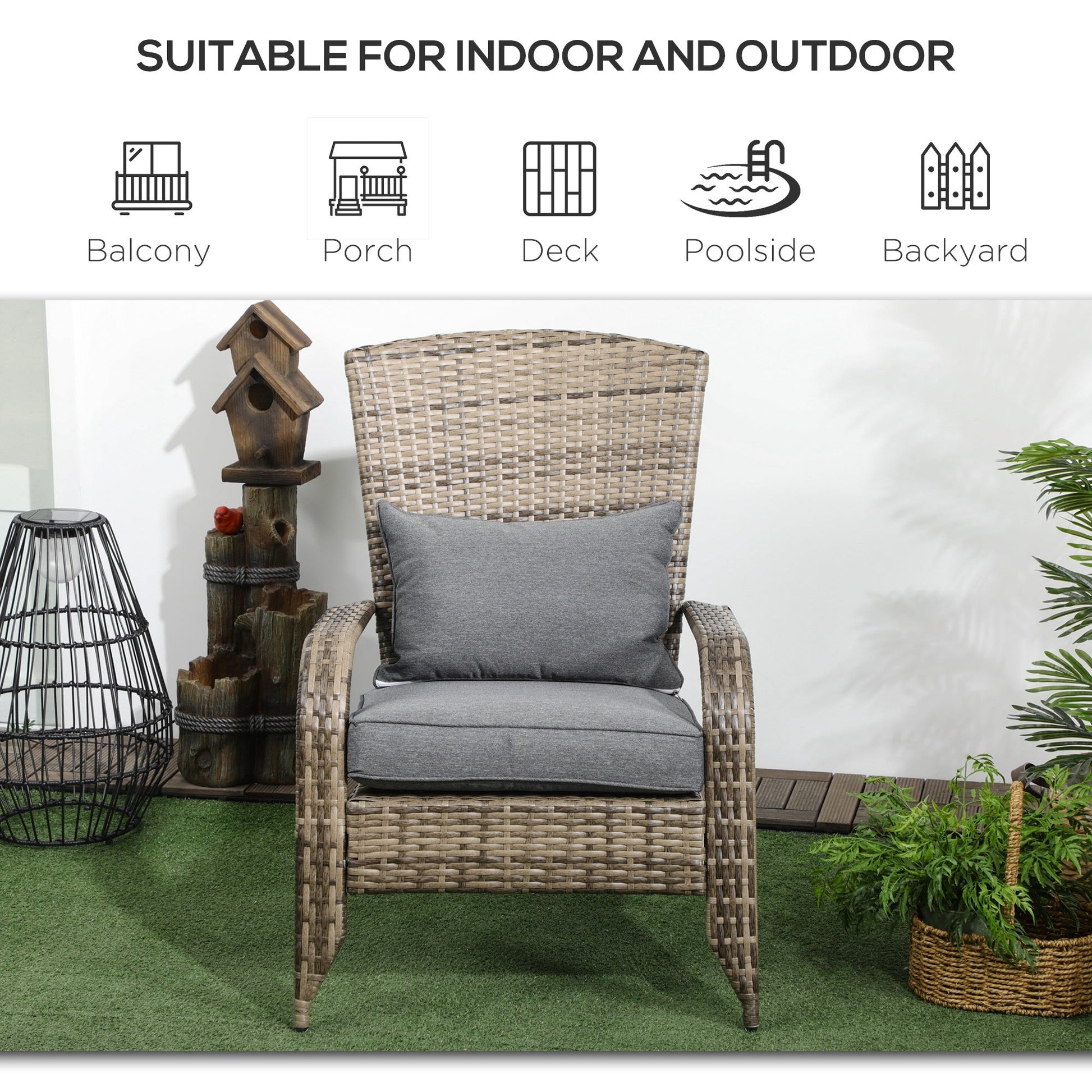 Patio Wicker Adirondack Chair, Outdoor PE Rattan Fire Pit Chair, Muskoka Chair w/ Soft Cushions, Tall Curved Backrest and Comfortable Armrests for Deck Garden, Mixed Grey