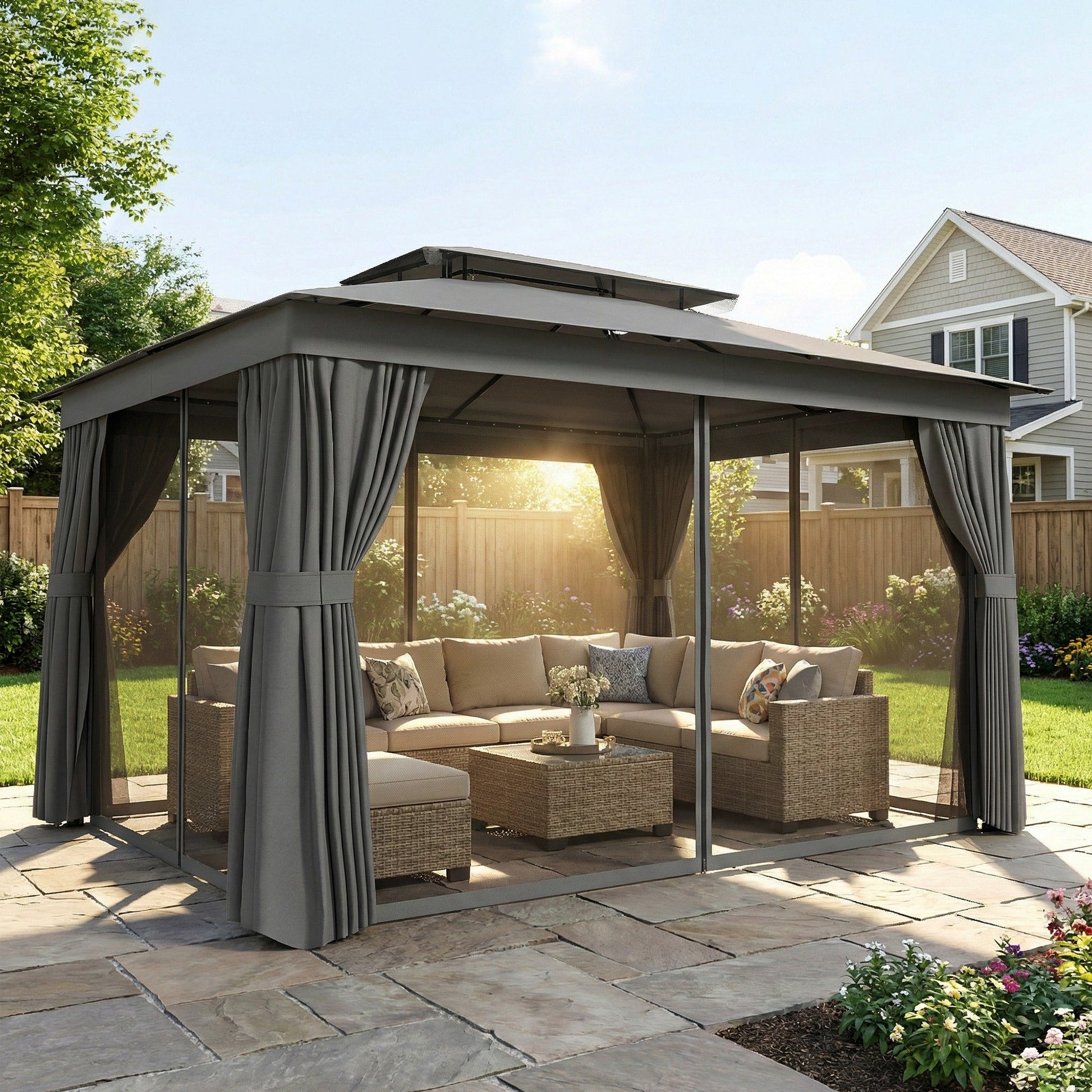 10' x 12.5' Outdoor Gazebo with Curtains and Netting, Double Roof Patio Gazebo Permanent Pavilion Canopy Shelter with Metal Frame, Hooks, UPF30+ Protection, Dark Grey