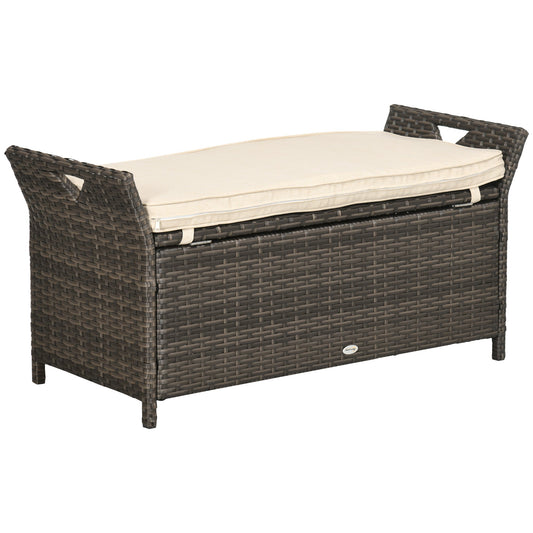 2-In-1 Patio Wicker Storage Bench, 27 Gallon Outdoor PE Rattan Patio Furniture, Large Capacity Rectangle Basket Box with Handles and Cushion, Cream White