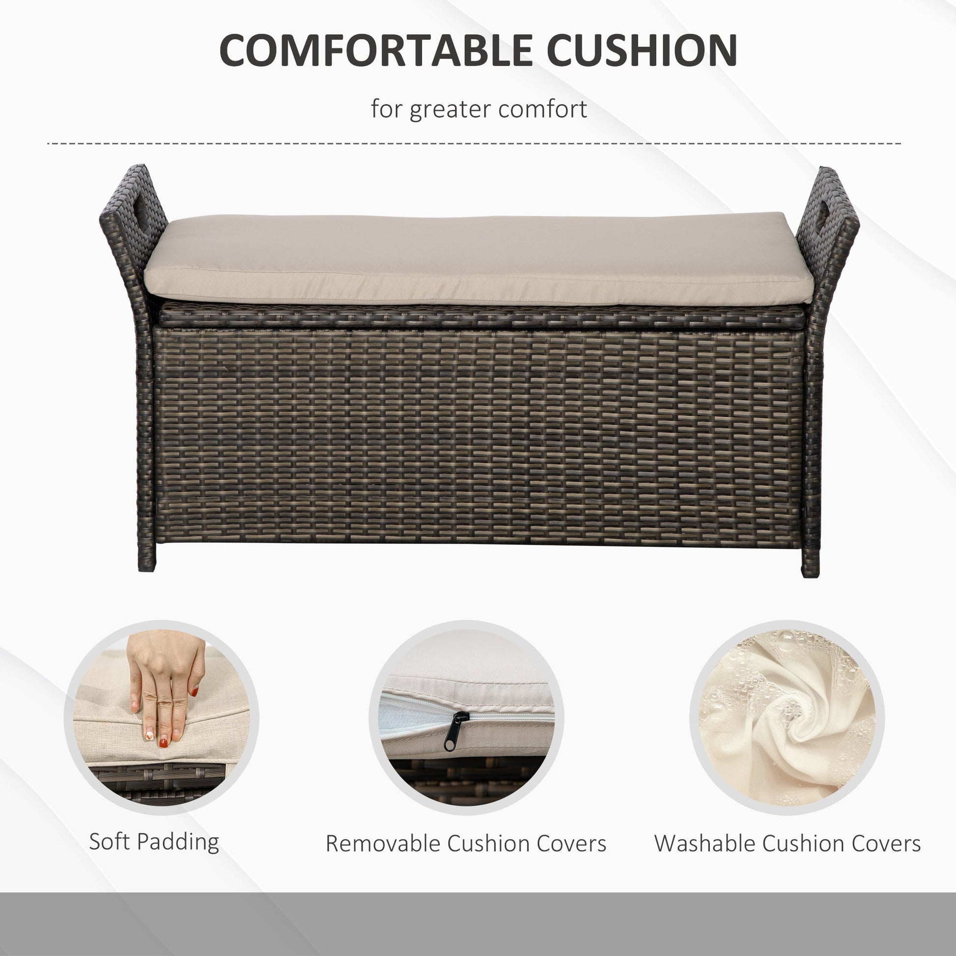 2-In-1 Patio Wicker Storage Bench, 27 Gallon Outdoor PE Rattan Patio Furniture, Large Capacity Rectangle Basket Box with Handles and Cushion, Cream White