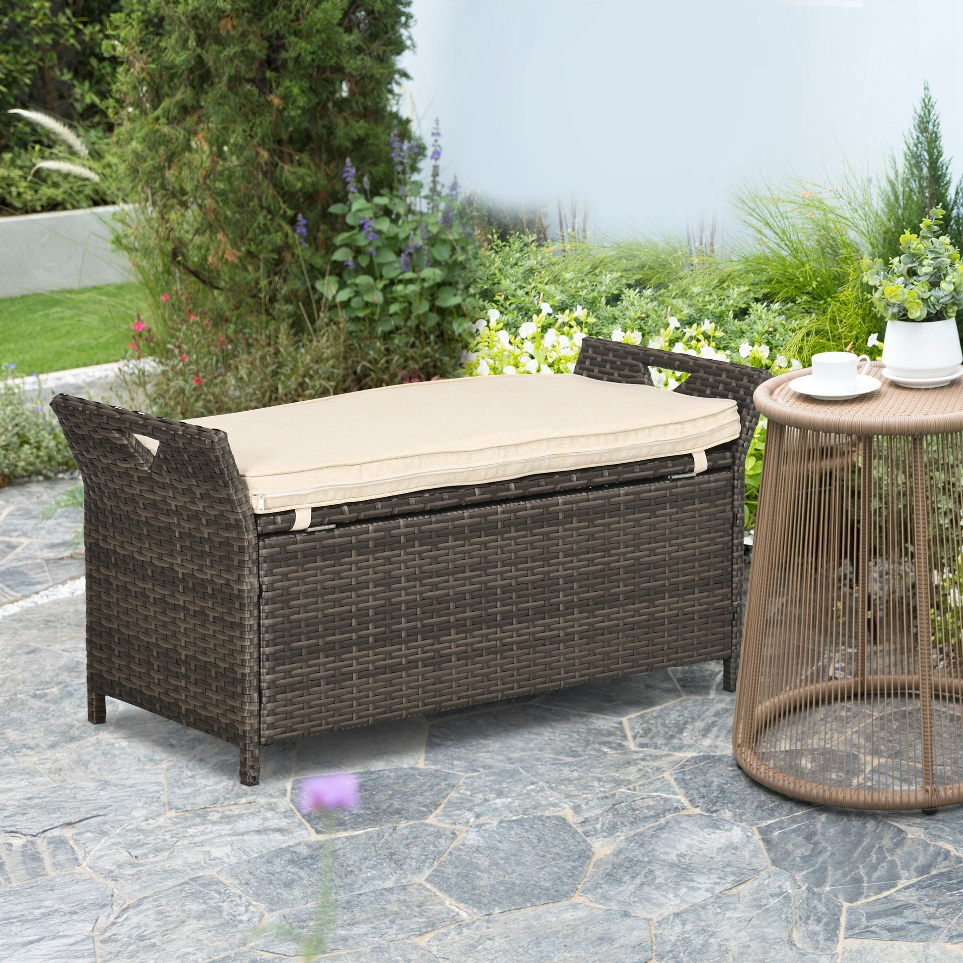 2-In-1 Patio Wicker Storage Bench, 27 Gallon Outdoor PE Rattan Patio Furniture, Large Capacity Rectangle Basket Box with Handles and Cushion, Cream White