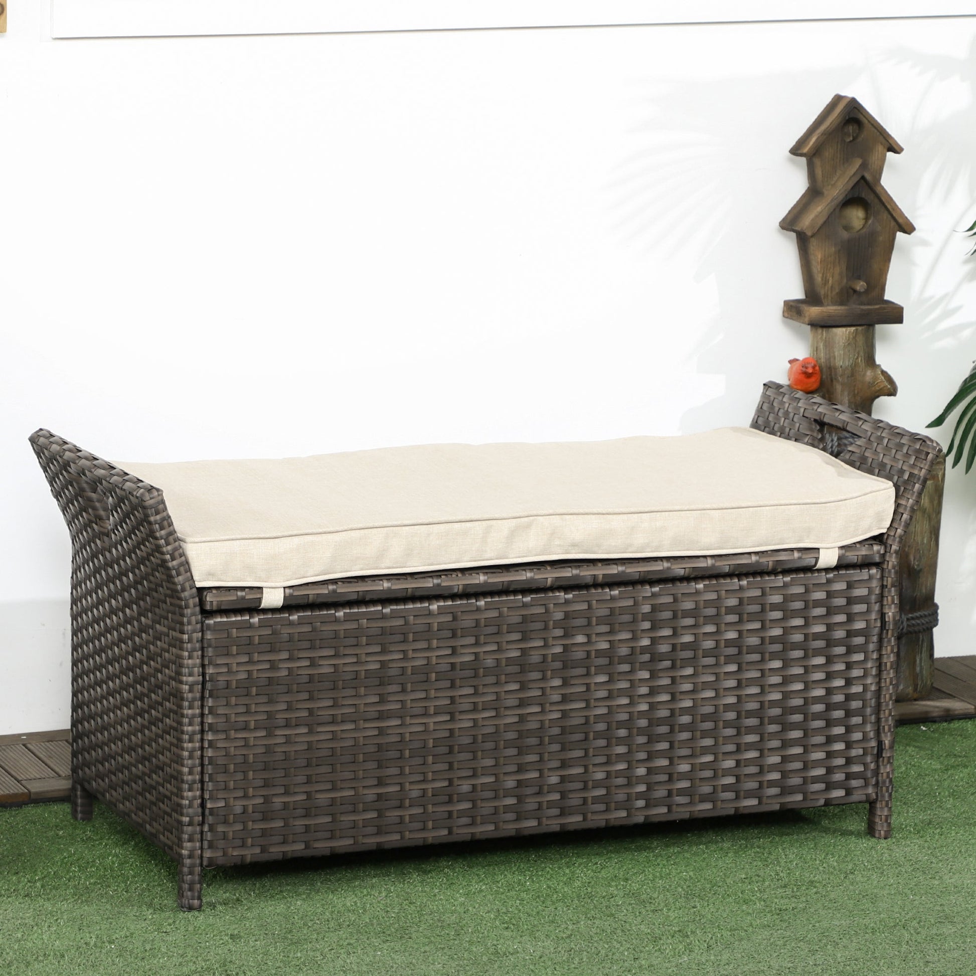 2-In-1 Patio Wicker Storage Bench, 27 Gallon Outdoor PE Rattan Patio Furniture, Large Capacity Rectangle Basket Box with Handles and Cushion, Cream White