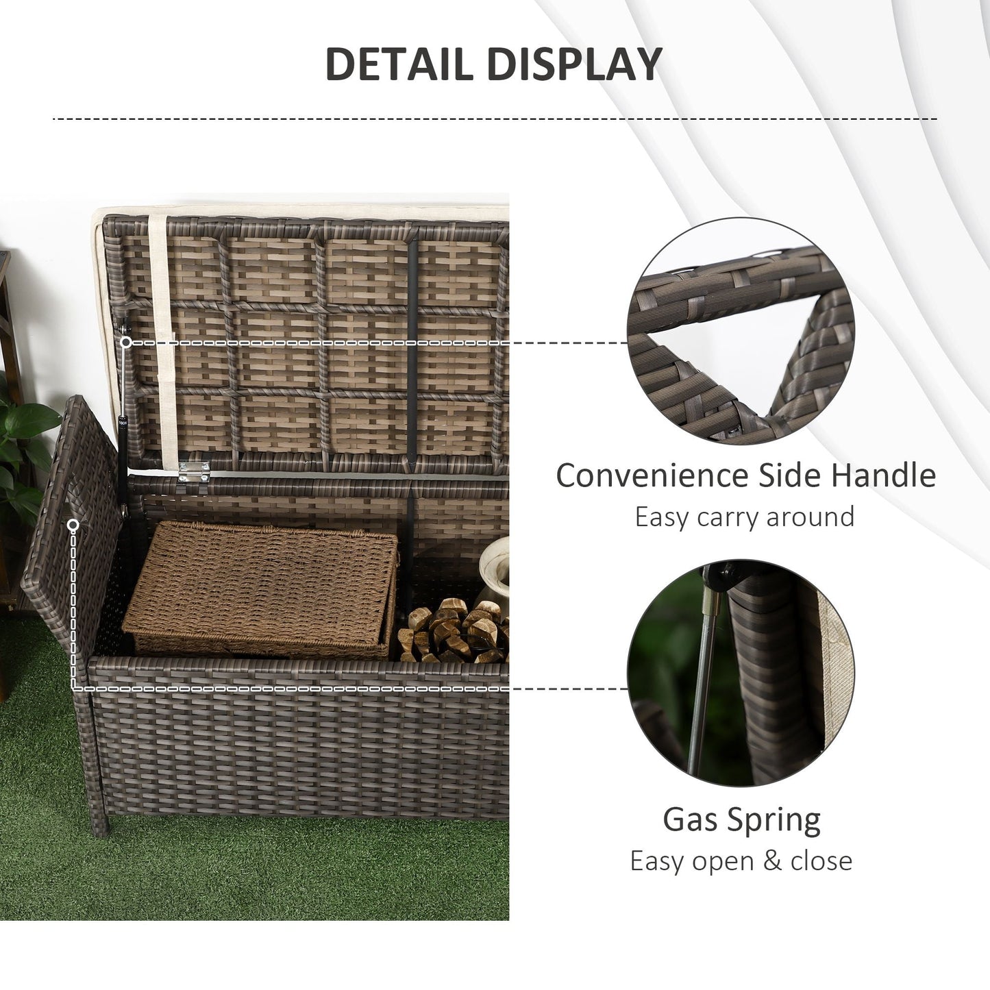 2-In-1 Patio Wicker Storage Bench, 27 Gallon Outdoor PE Rattan Patio Furniture, Large Capacity Rectangle Basket Box with Handles and Cushion, Cream White