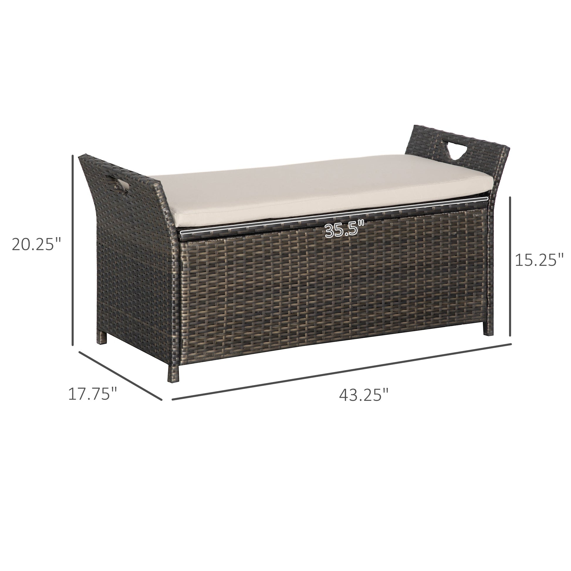 2-In-1 Patio Wicker Storage Bench, 27 Gallon Outdoor PE Rattan Patio Furniture, Large Capacity Rectangle Basket Box with Handles and Cushion, Cream White