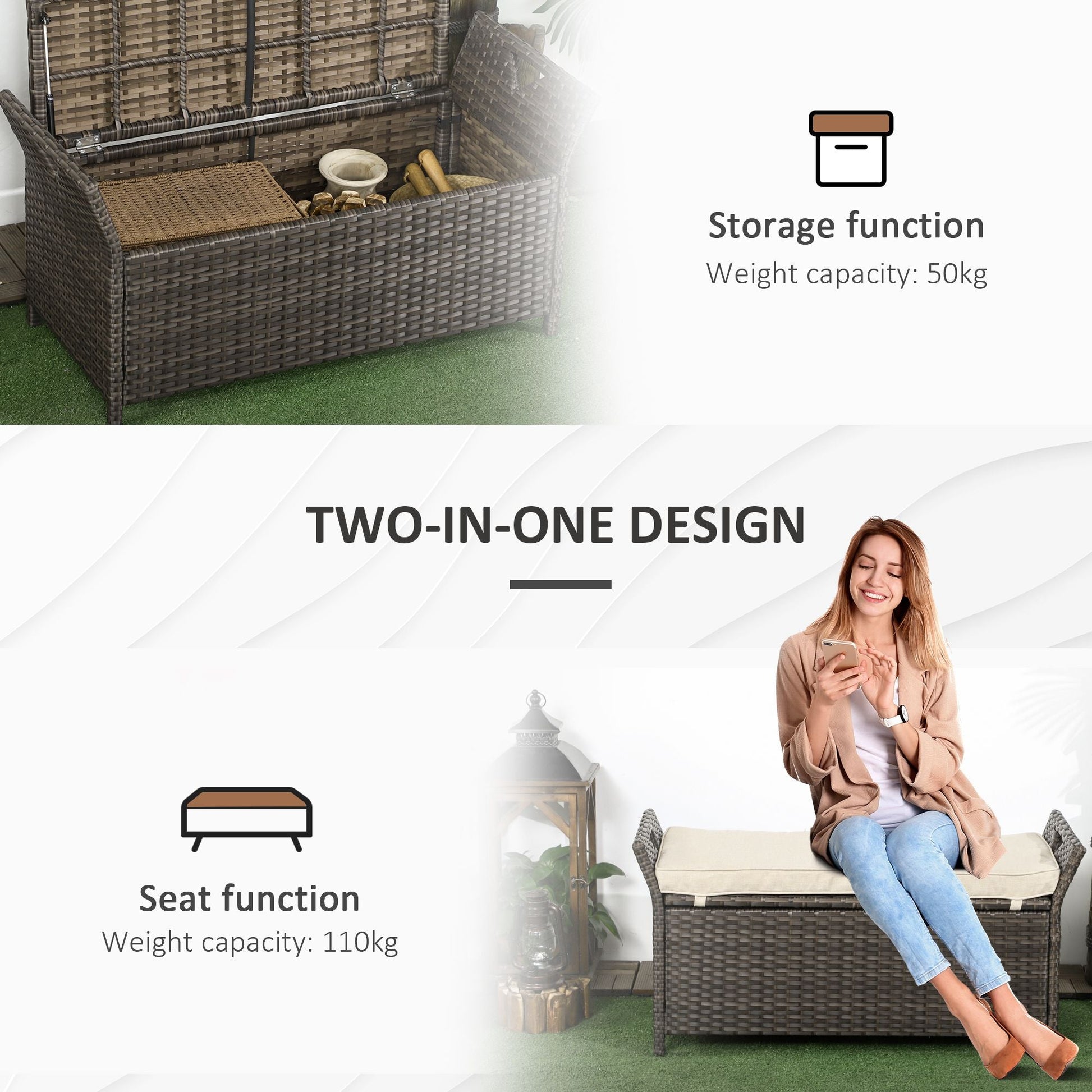 2-In-1 Patio Wicker Storage Bench, 27 Gallon Outdoor PE Rattan Patio Furniture, Large Capacity Rectangle Basket Box with Handles and Cushion, Cream White
