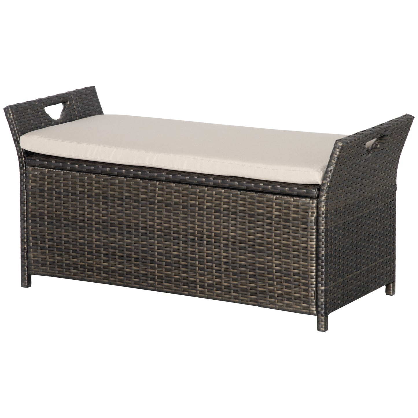 2-In-1 Patio Wicker Storage Bench, 27 Gallon Outdoor PE Rattan Patio Furniture, Large Capacity Rectangle Basket Box with Handles and Cushion, Cream White