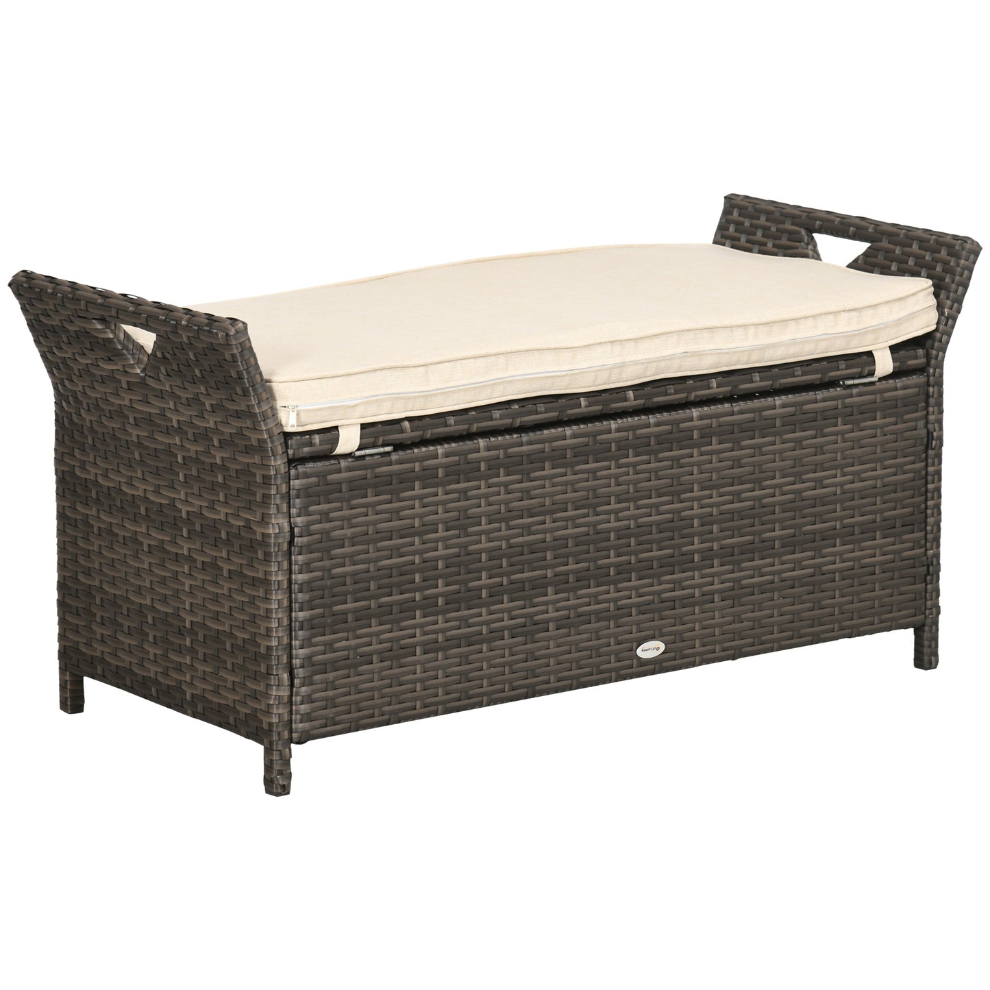 2-In-1 Patio Wicker Storage Bench, 27 Gallon Outdoor PE Rattan Patio Furniture, Large Capacity Rectangle Basket Box with Handles and Cushion, Cream White