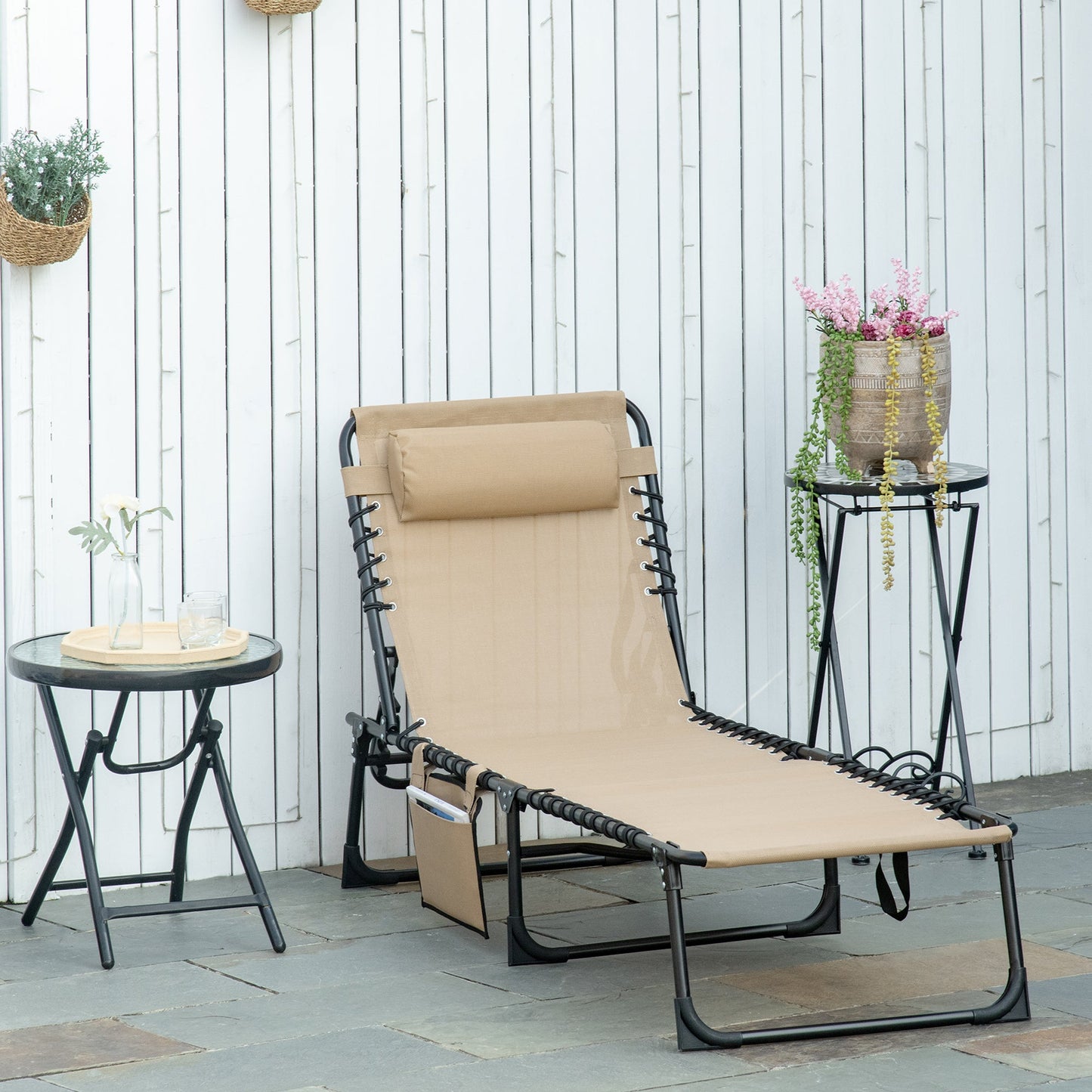 Folding Lounge Chair, Reclining Tanning Chair, Portable Sun Lounger with Adjustable Backrest and Removable Pillow for Patio, Garden, Beach, Beige