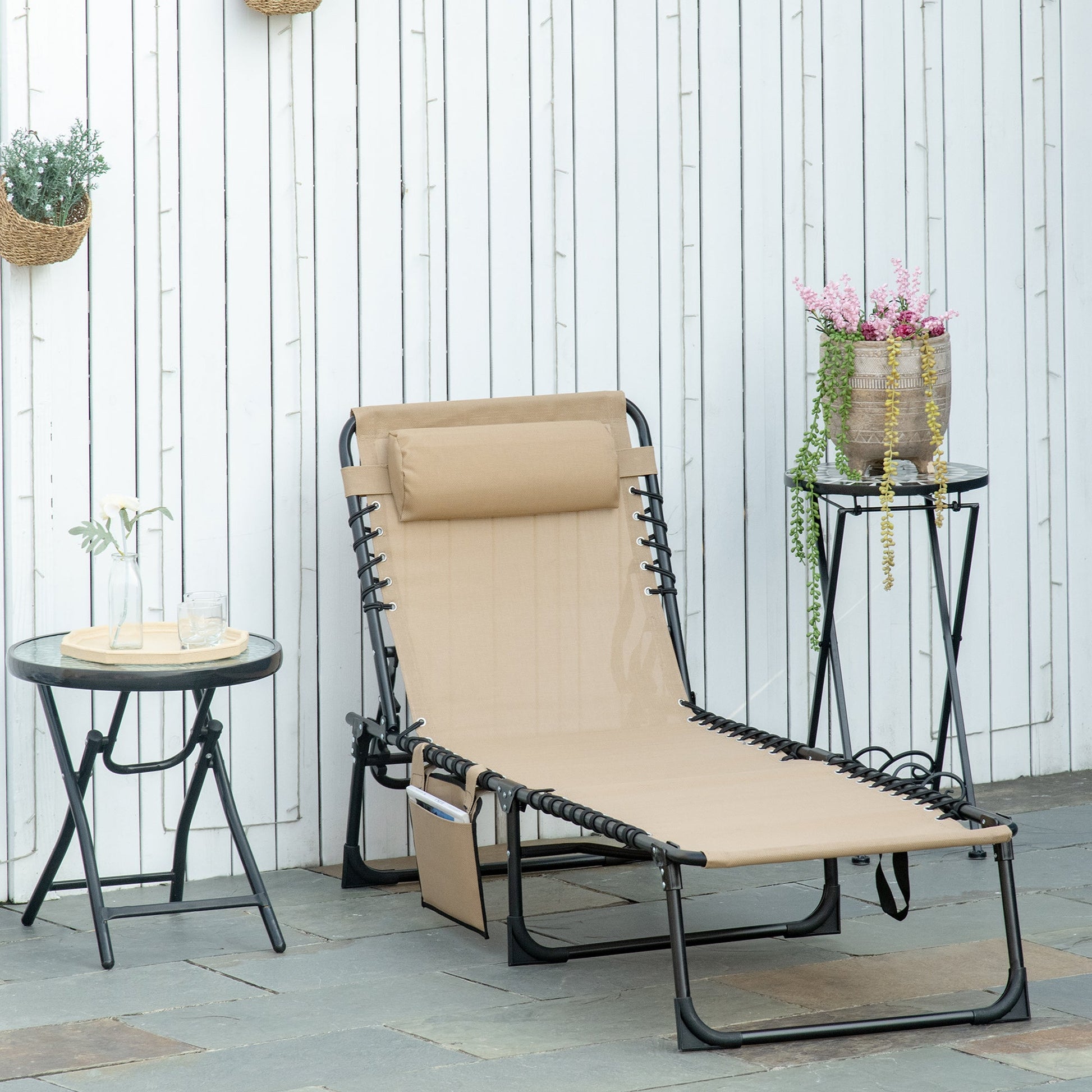 Folding Lounge Chair, Reclining Tanning Chair, Portable Sun Lounger with Adjustable Backrest and Removable Pillow for Patio, Garden, Beach, Beige