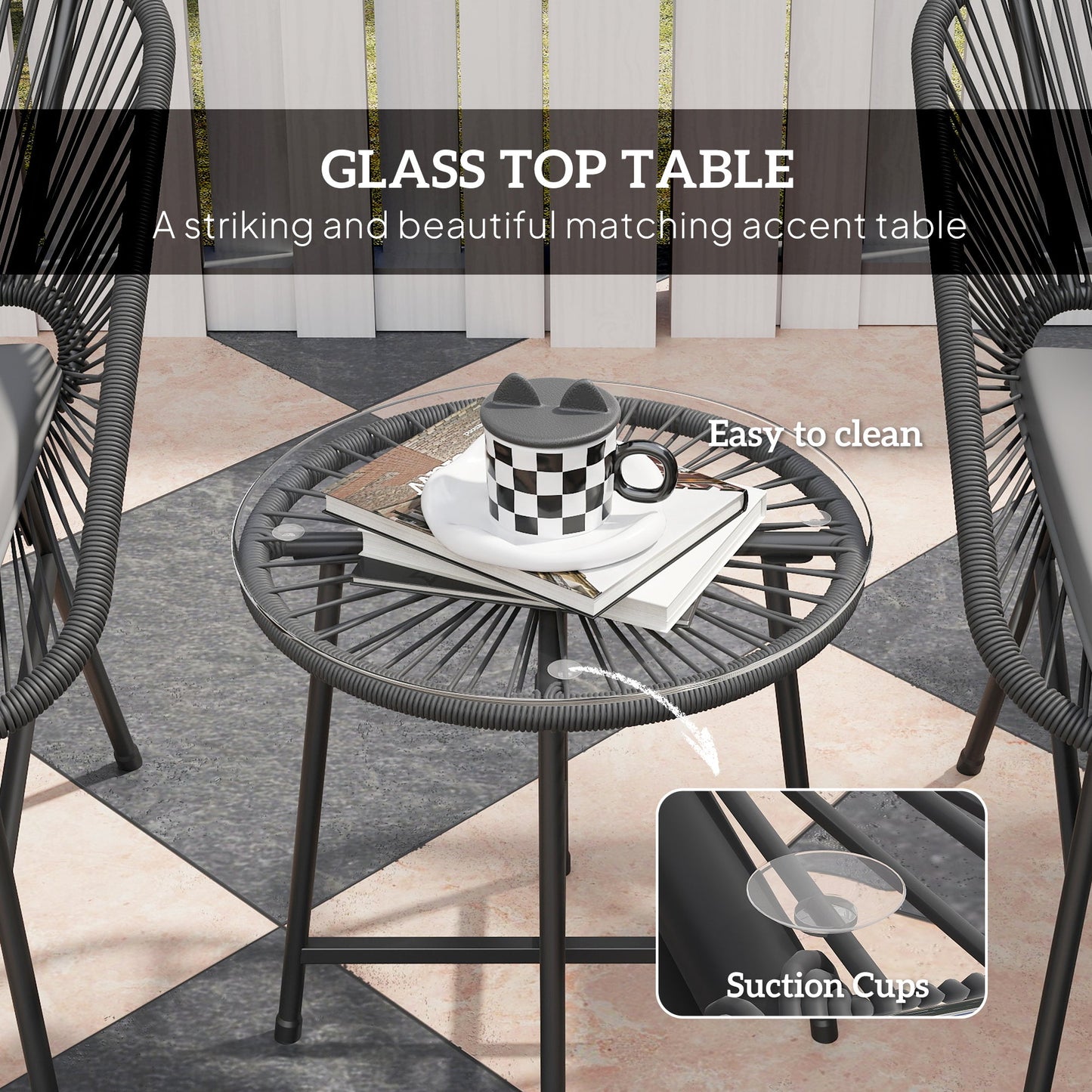 3 Pieces Wicker Patio Furniture Set, Acapulco Chair Set with Glass Top Coffee Table and Cushions, Bistro Table Set Outdoor Patio Conversation Set for Porch, Balcony, Black
