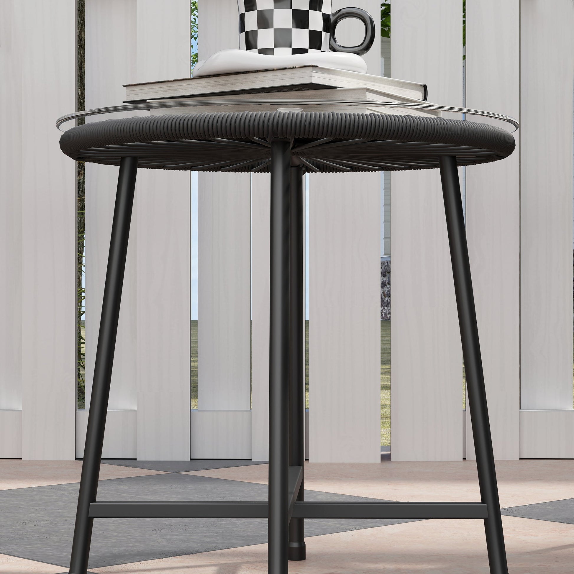 3 Pieces Wicker Patio Furniture Set, Acapulco Chair Set with Glass Top Coffee Table and Cushions, Bistro Table Set Outdoor Patio Conversation Set for Porch, Balcony, Black