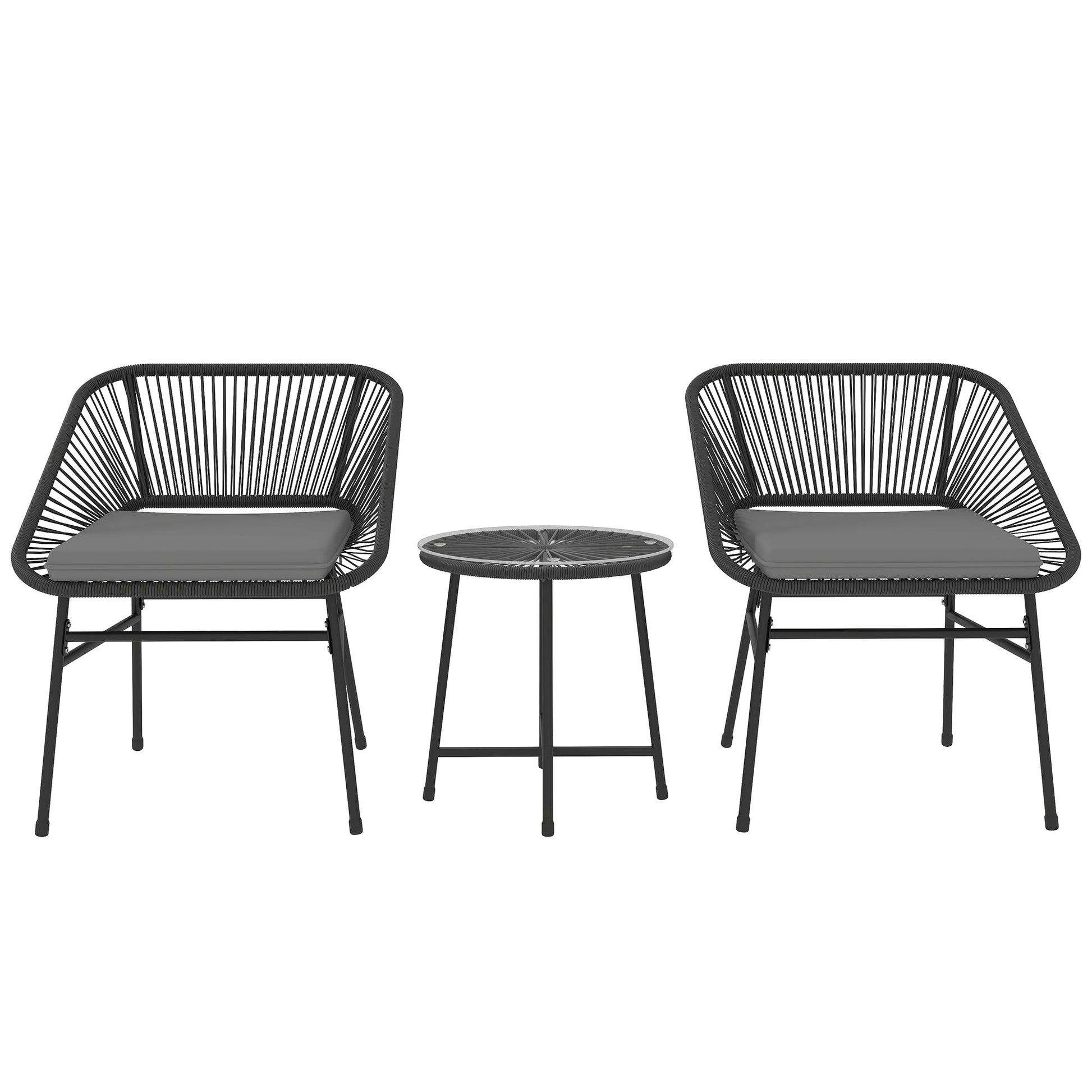 3 Pieces Wicker Patio Furniture Set, Acapulco Chair Set with Glass Top Coffee Table and Cushions, Bistro Table Set Outdoor Patio Conversation Set for Porch, Balcony, Black