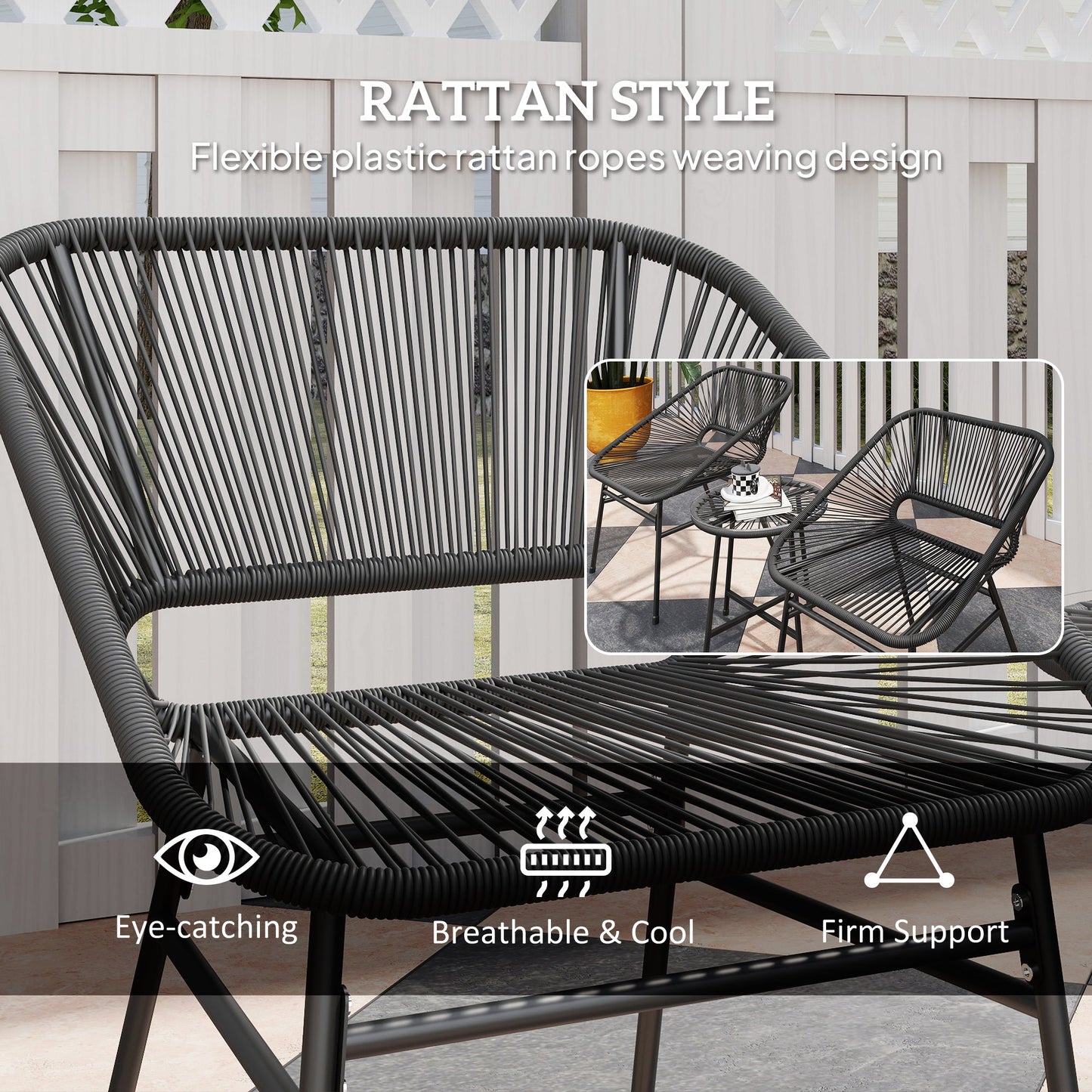 3 Pieces Wicker Patio Furniture Set, Acapulco Chair Set with Glass Top Coffee Table and Cushions, Bistro Table Set Outdoor Patio Conversation Set for Porch, Balcony, Black