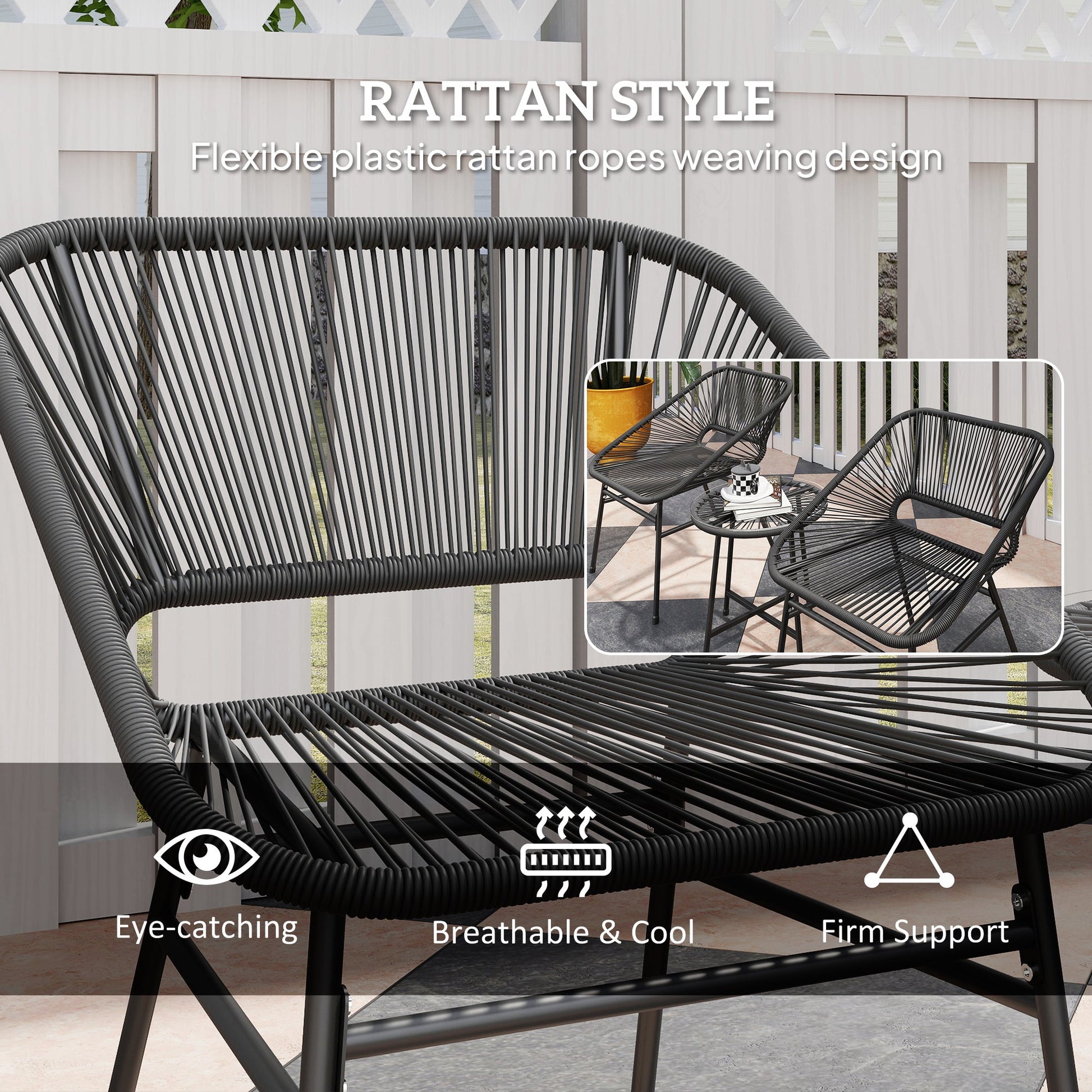 3 Pieces Wicker Patio Furniture Set, Acapulco Chair Set with Glass Top Coffee Table and Cushions, Bistro Table Set Outdoor Patio Conversation Set for Porch, Balcony, Black