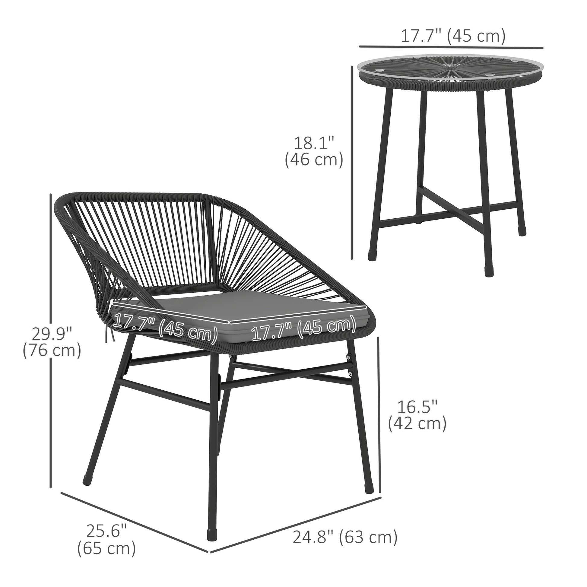 3 Pieces Wicker Patio Furniture Set, Acapulco Chair Set with Glass Top Coffee Table and Cushions, Bistro Table Set Outdoor Patio Conversation Set for Porch, Balcony, Black