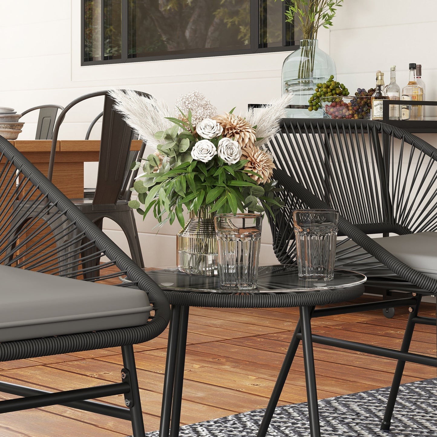 3 Pieces Wicker Patio Furniture Set, Acapulco Chair Set with Glass Top Coffee Table and Cushions, Bistro Table Set Outdoor Patio Conversation Set for Porch, Balcony, Black