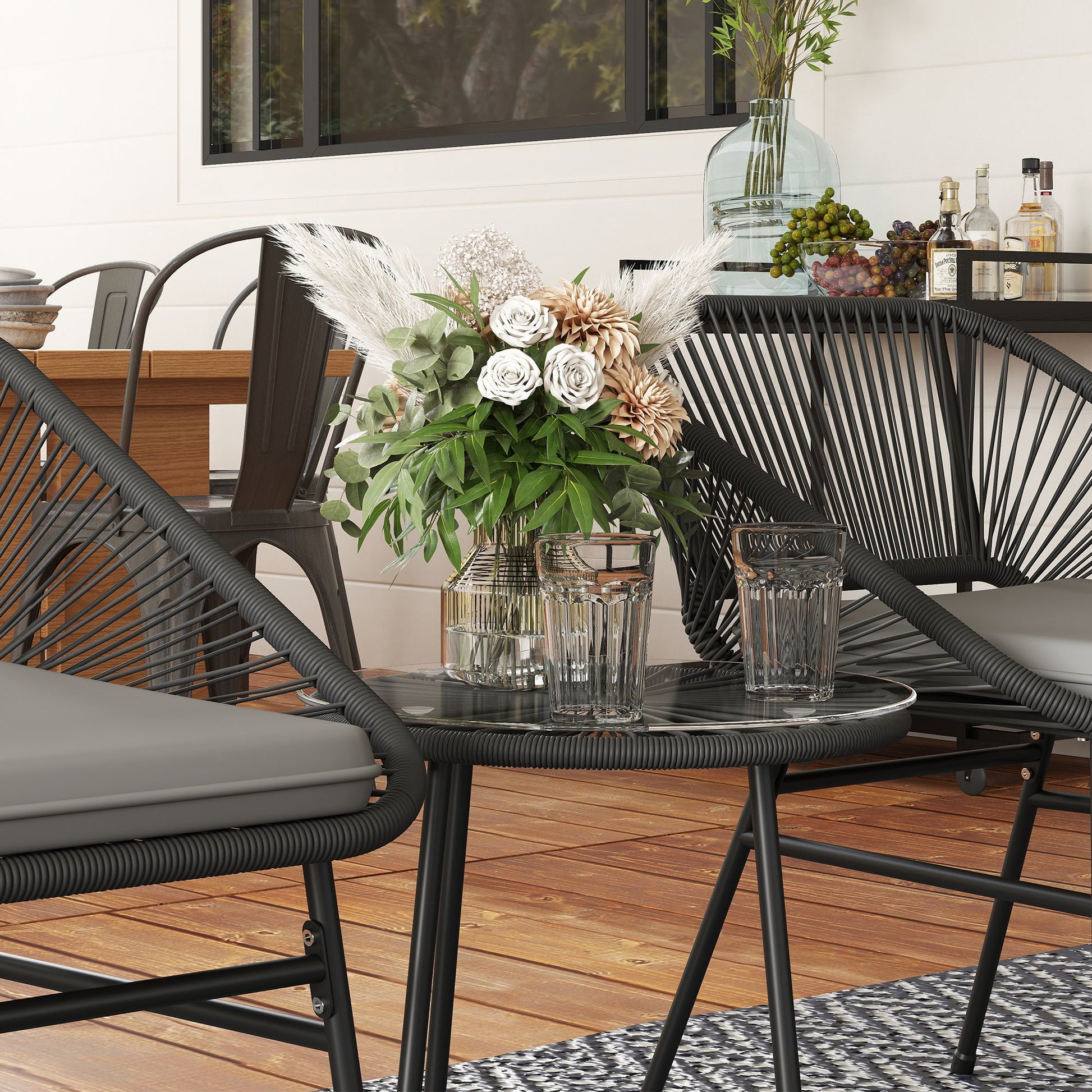 3 Pieces Wicker Patio Furniture Set, Acapulco Chair Set with Glass Top Coffee Table and Cushions, Bistro Table Set Outdoor Patio Conversation Set for Porch, Balcony, Black