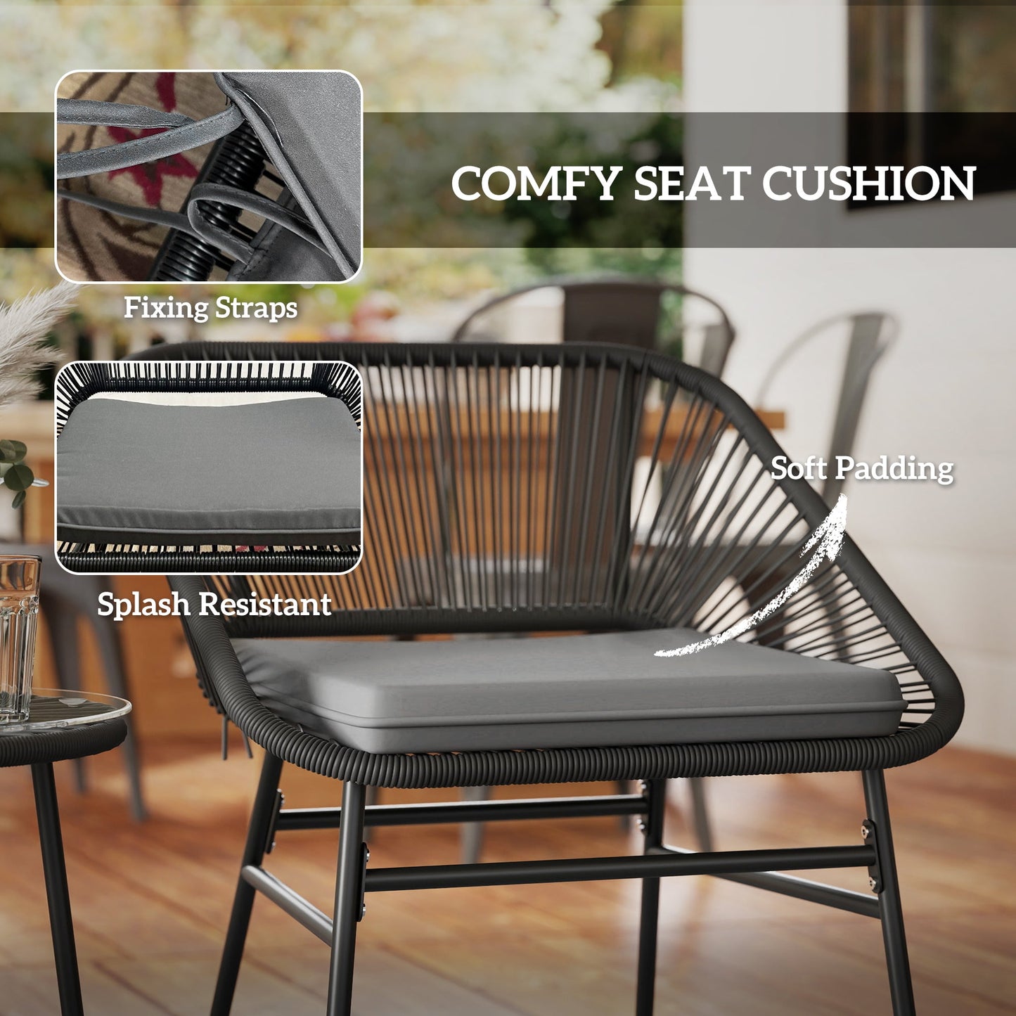 3 Pieces Wicker Patio Furniture Set, Acapulco Chair Set with Glass Top Coffee Table and Cushions, Bistro Table Set Outdoor Patio Conversation Set for Porch, Balcony, Black