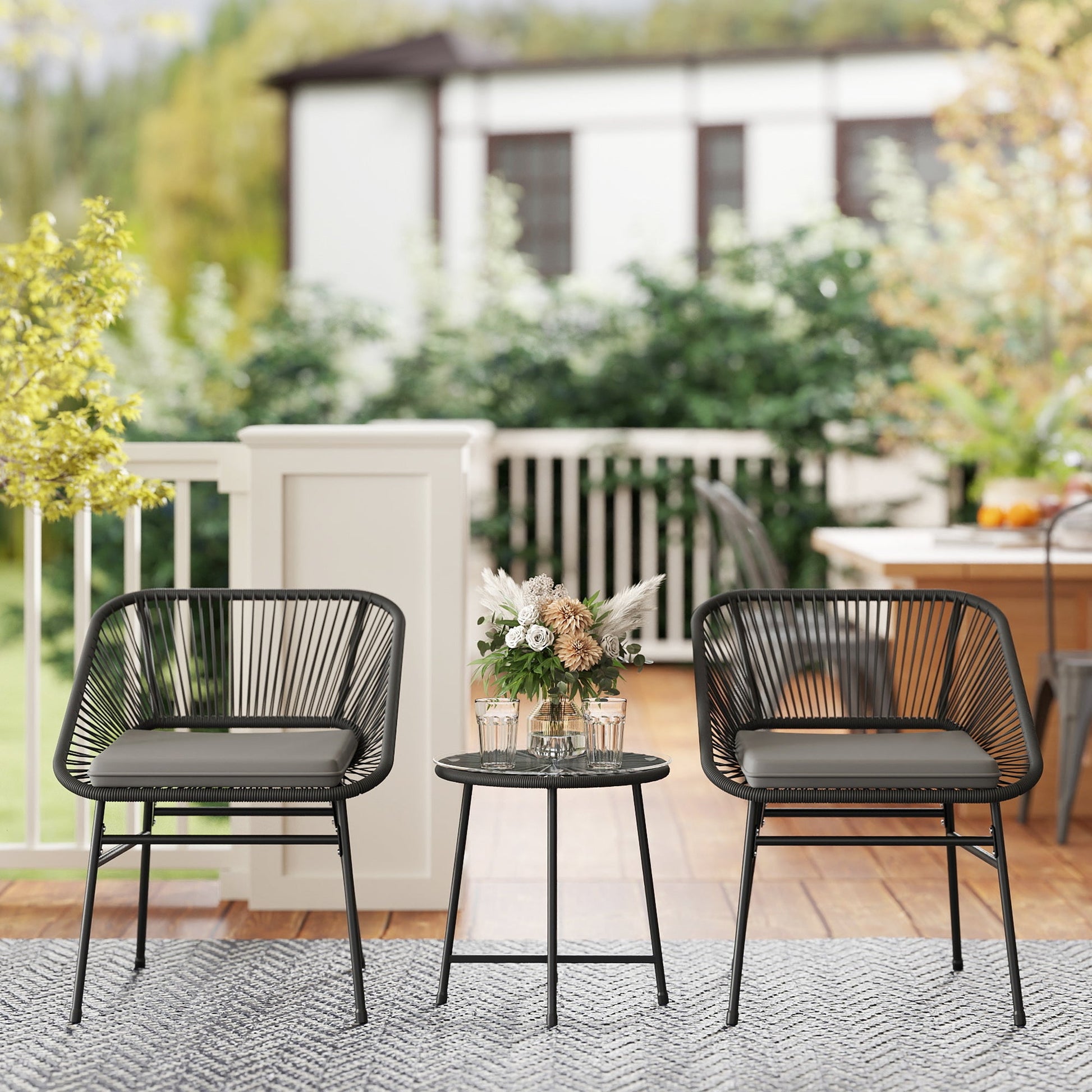 3 Pieces Wicker Patio Furniture Set, Acapulco Chair Set with Glass Top Coffee Table and Cushions, Bistro Table Set Outdoor Patio Conversation Set for Porch, Balcony, Black