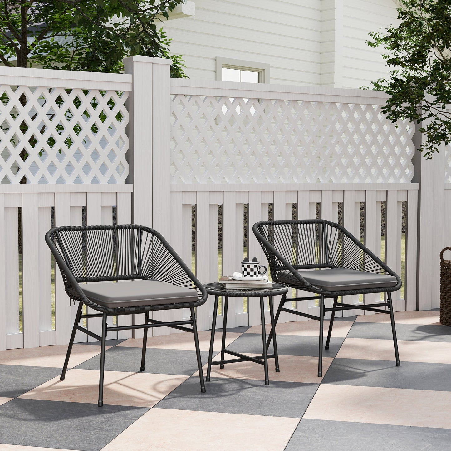 3 Pieces Wicker Patio Furniture Set, Acapulco Chair Set with Glass Top Coffee Table and Cushions, Bistro Table Set Outdoor Patio Conversation Set for Porch, Balcony, Black
