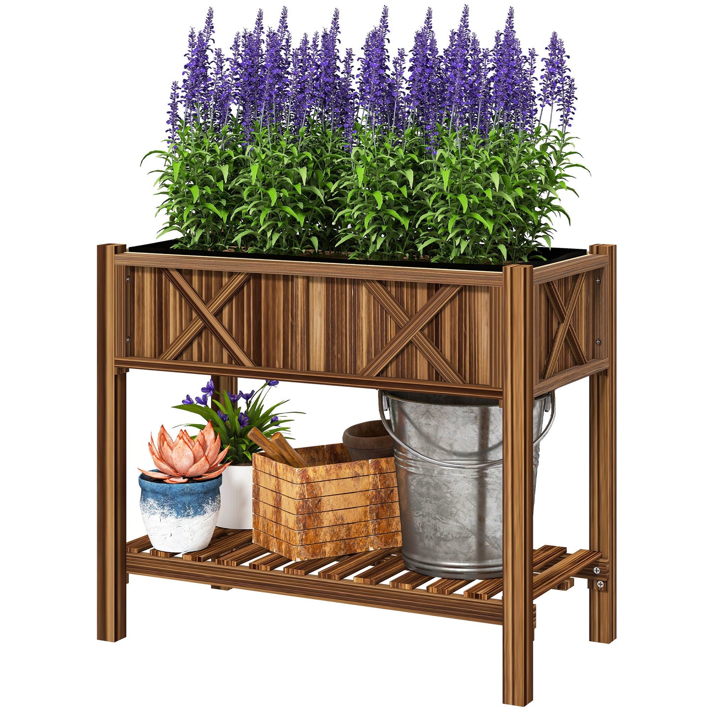 Wooden Raised Garden Bed, Elevated Planter Box with Storage Shelf, Drainage Holes and Liner for Backyard, Patio, Balcony, 34" x 18" x 30", Carbonized