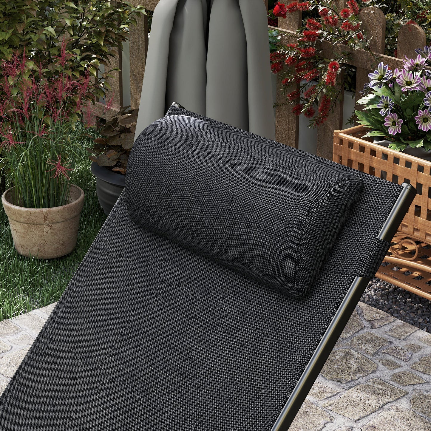 Patio Lounge Chair, Aluminum Reclining Outdoor Tanning Chair with 5-Level Adjustable Backrest, Head Pillow and Breathable Mesh Fabric, for Pool, Deck, Garden, Black