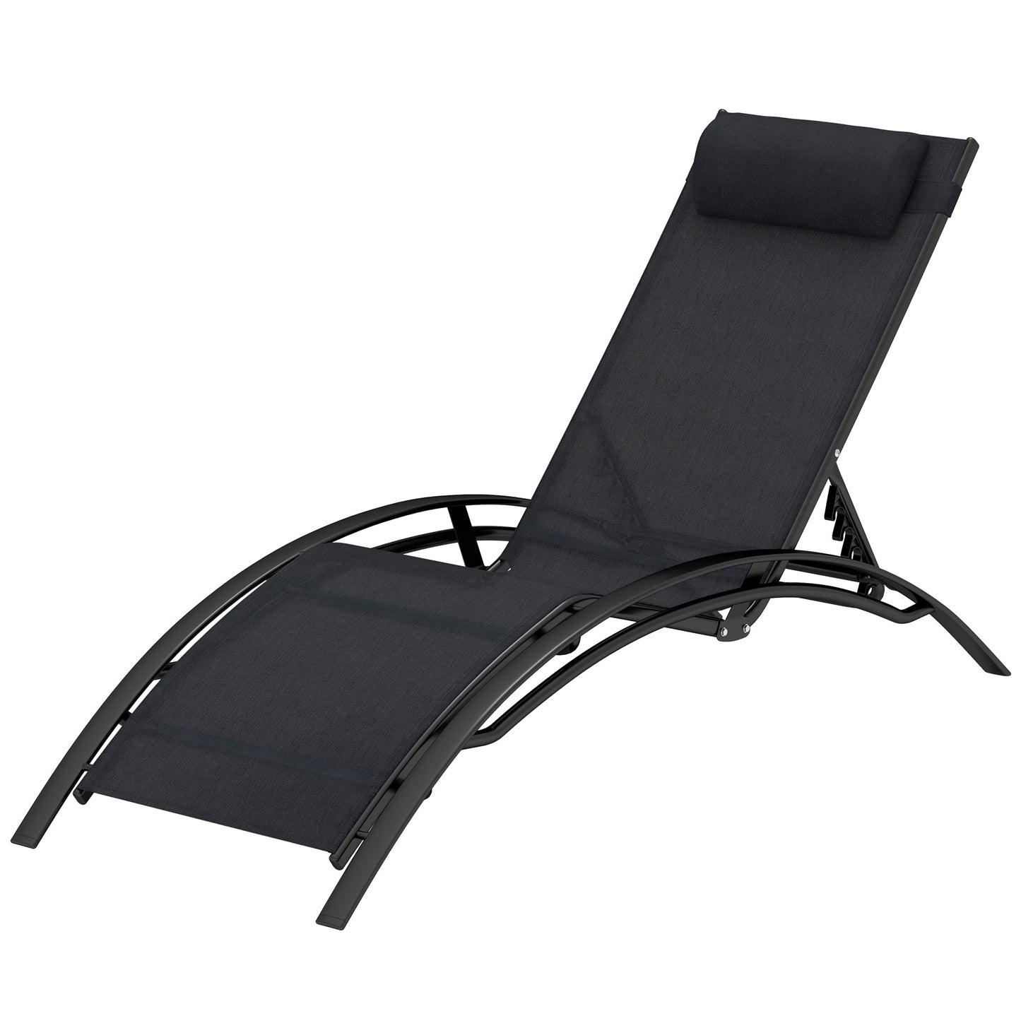Patio Lounge Chair, Aluminum Reclining Outdoor Tanning Chair with 5-Level Adjustable Backrest, Head Pillow and Breathable Mesh Fabric, for Pool, Deck, Garden, Black