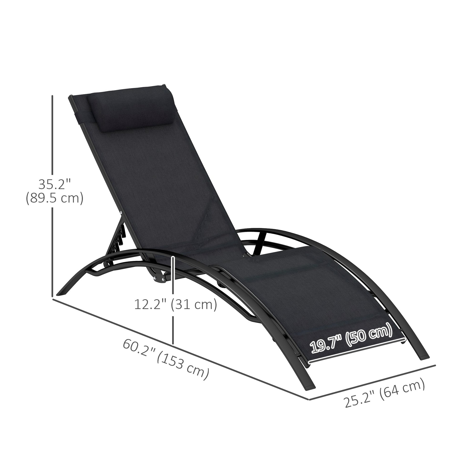 Patio Lounge Chair, Aluminum Reclining Outdoor Tanning Chair with 5-Level Adjustable Backrest, Head Pillow and Breathable Mesh Fabric, for Pool, Deck, Garden, Black