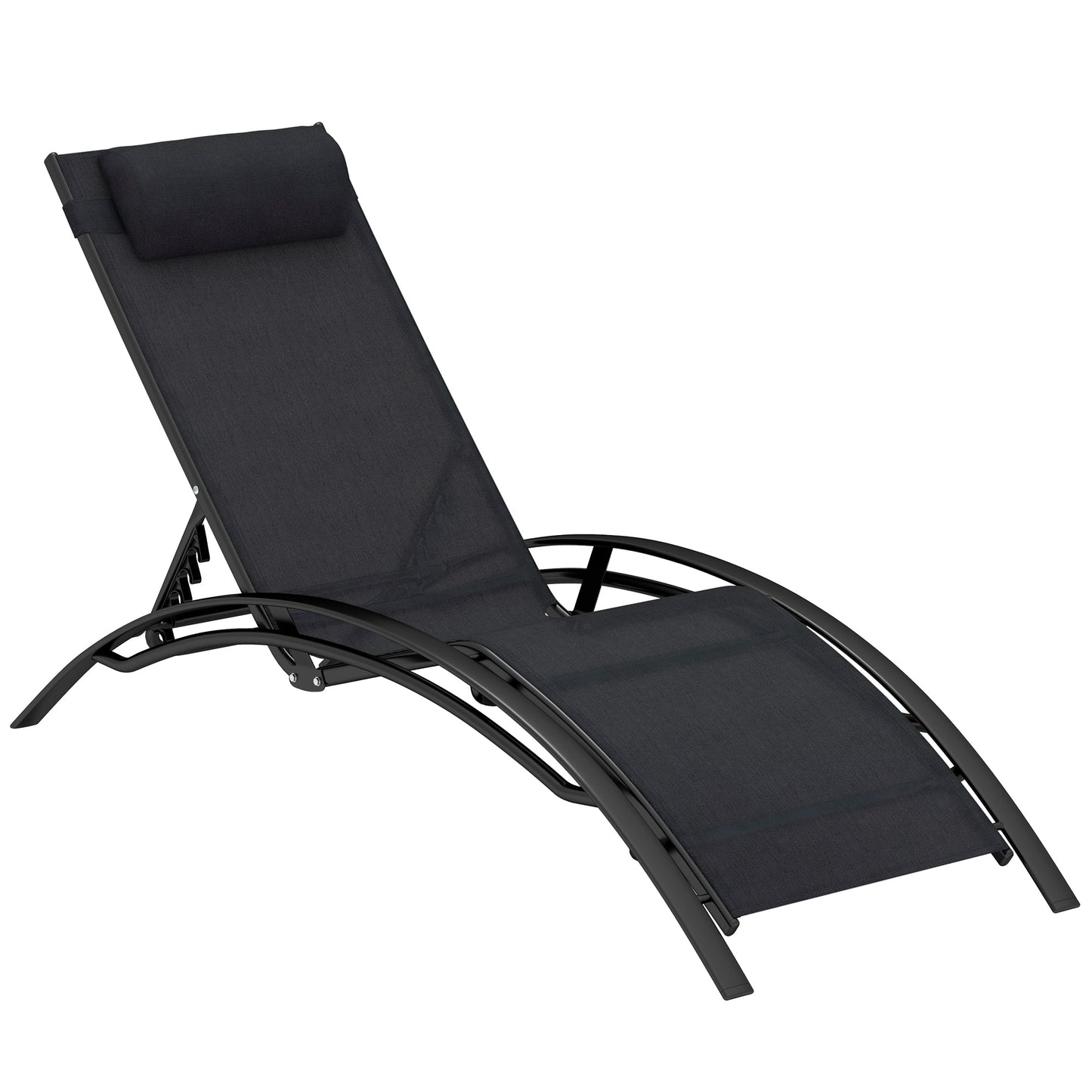 Patio Lounge Chair, Aluminum Reclining Outdoor Tanning Chair with 5-Level Adjustable Backrest, Head Pillow and Breathable Mesh Fabric, for Pool, Deck, Garden, Black