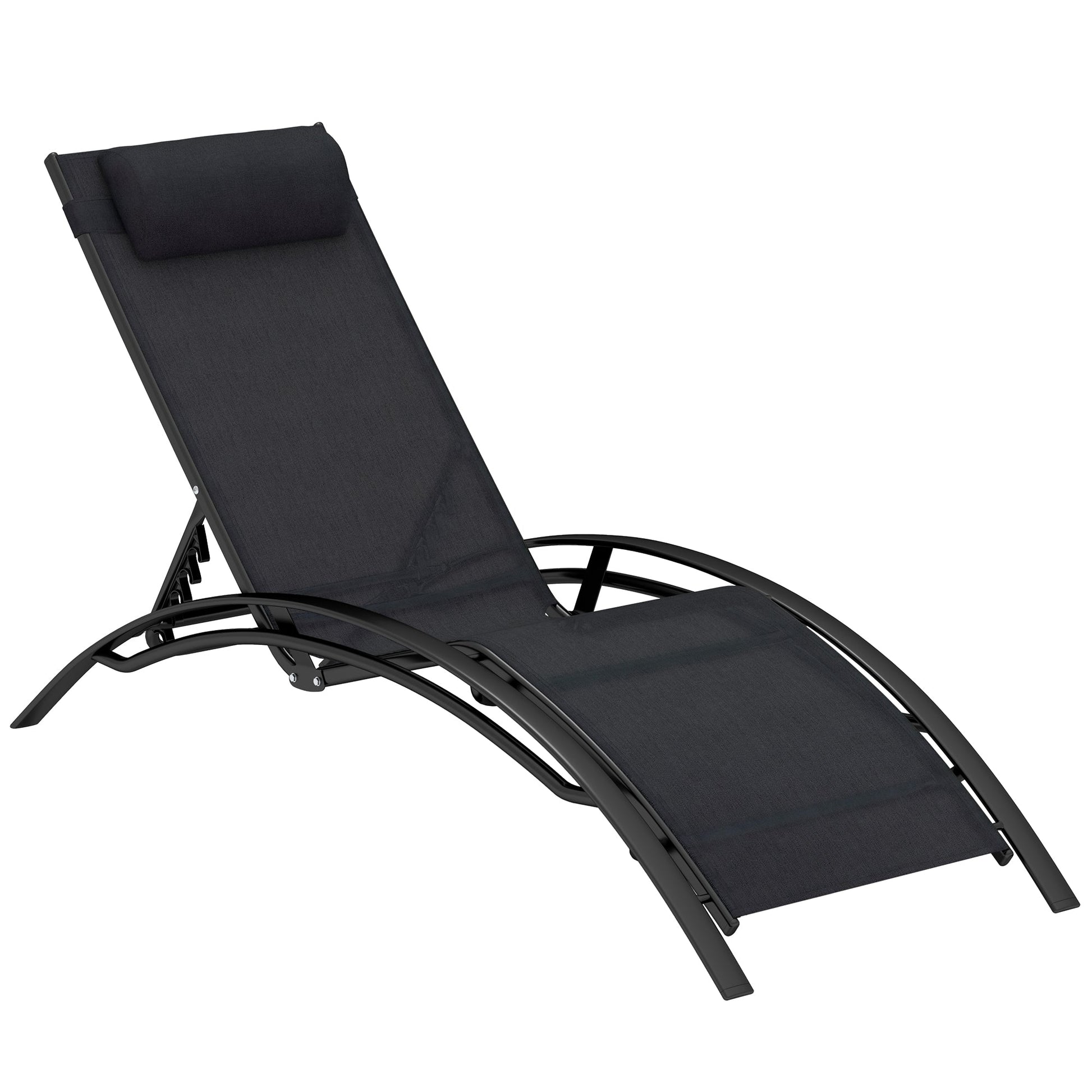 Patio Lounge Chair, Aluminum Reclining Outdoor Tanning Chair with 5-Level Adjustable Backrest, Head Pillow and Breathable Mesh Fabric, for Pool, Deck, Garden, Black