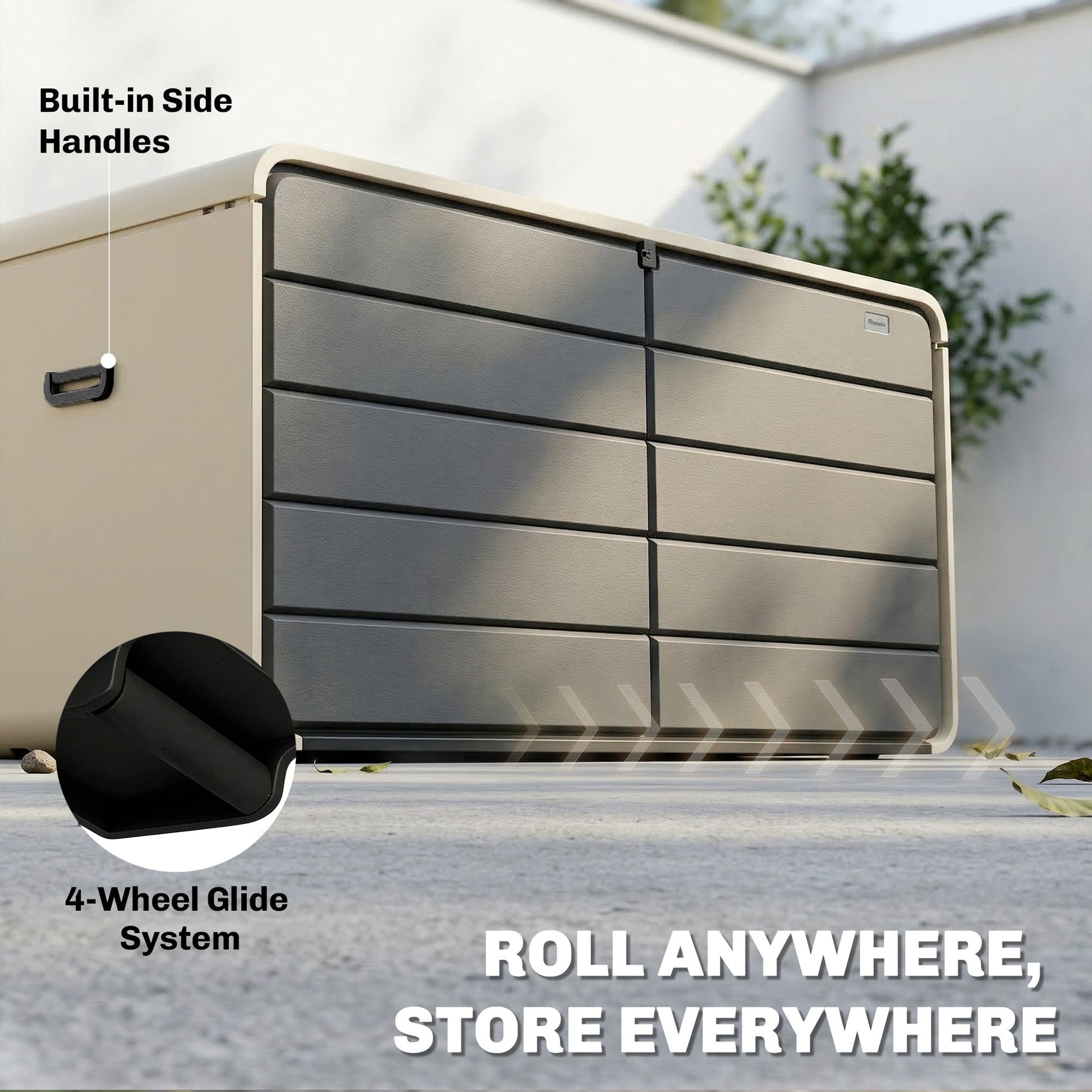 757 L Garden Storage Box, HDPE Deck Box with Wheels, Lockable Lid, Pneumatic Gas Rods and Side Handles, Outdoor Patio Storage Container for Garden Tools, Beige and Grey