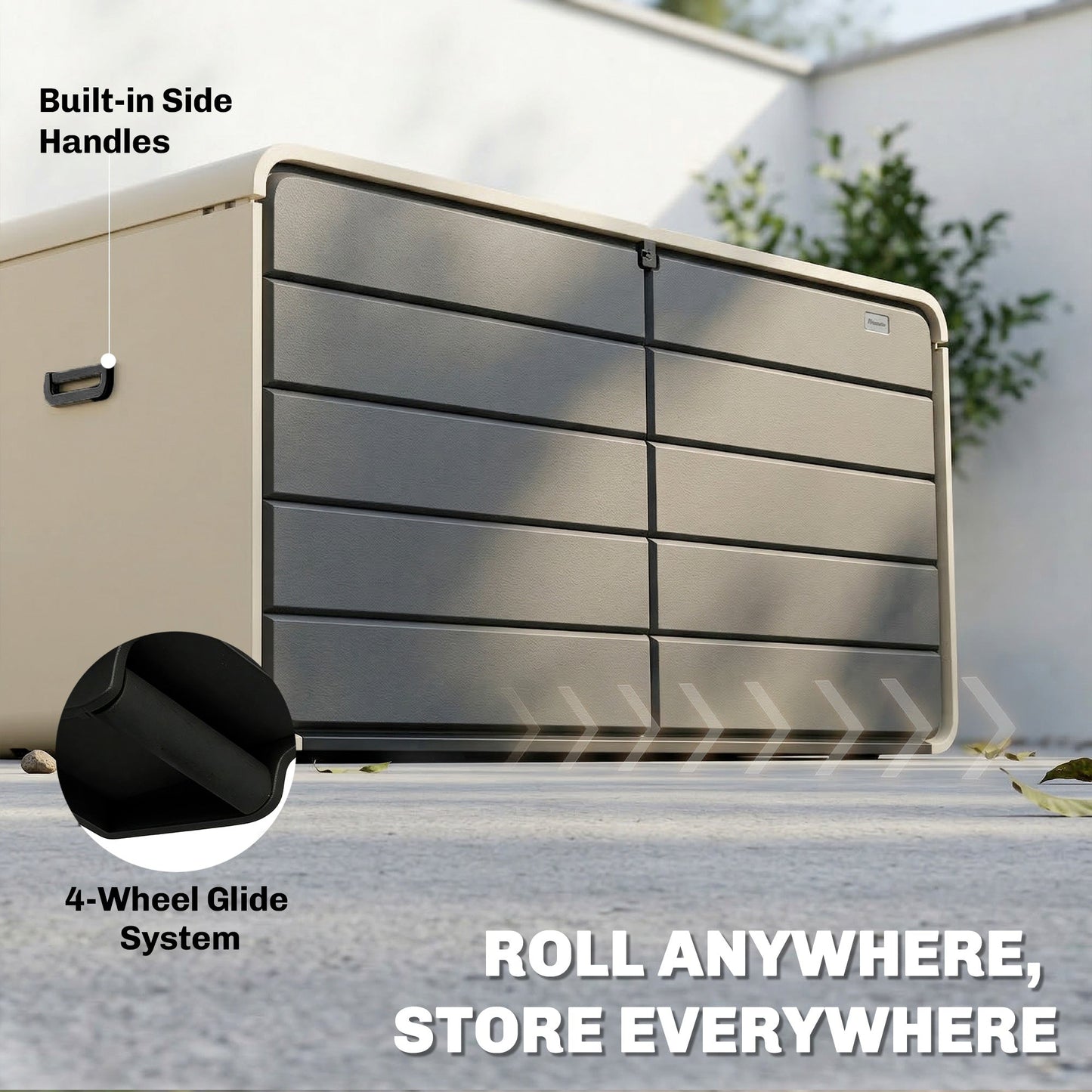757 L Garden Storage Box, HDPE Deck Box with Wheels, Lockable Lid, Pneumatic Gas Rods and Side Handles, Outdoor Patio Storage Container for Garden Tools, Beige and Grey