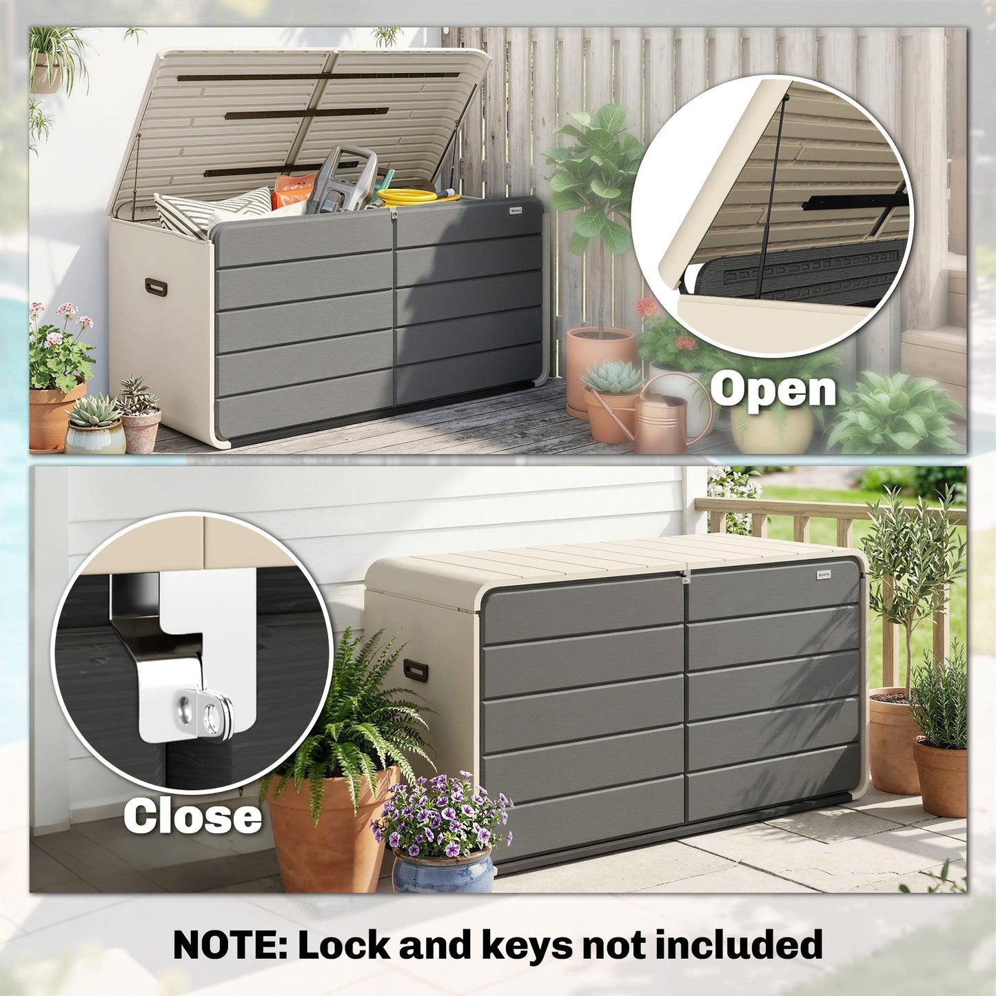757 L Garden Storage Box, HDPE Deck Box with Wheels, Lockable Lid, Pneumatic Gas Rods and Side Handles, Outdoor Patio Storage Container for Garden Tools, Beige and Grey