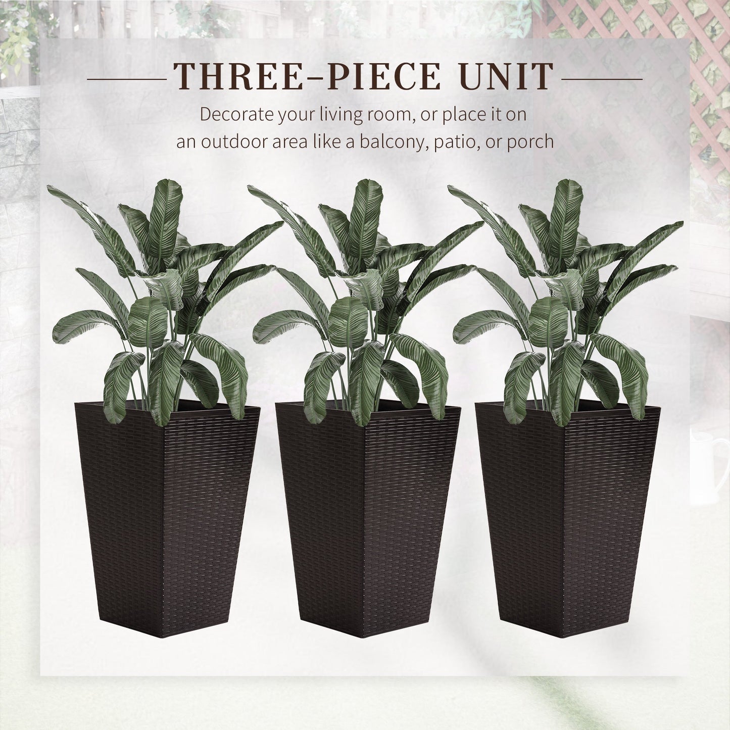 Set of 3 Tall Planters for Outdoor Plants with Drainage Hole, Indoor Outdoor Planter Flower Pot Set for Front Door, Entryway, Patio and Deck, Brown